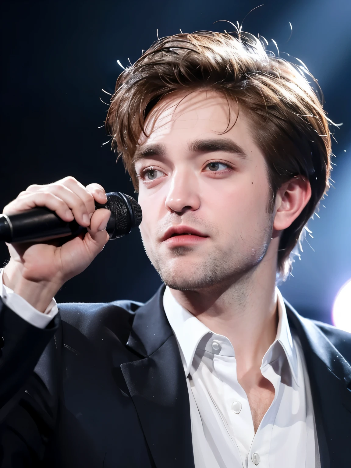Robert Pattinson becomes a male idol,singing on stage,meticulous portrait