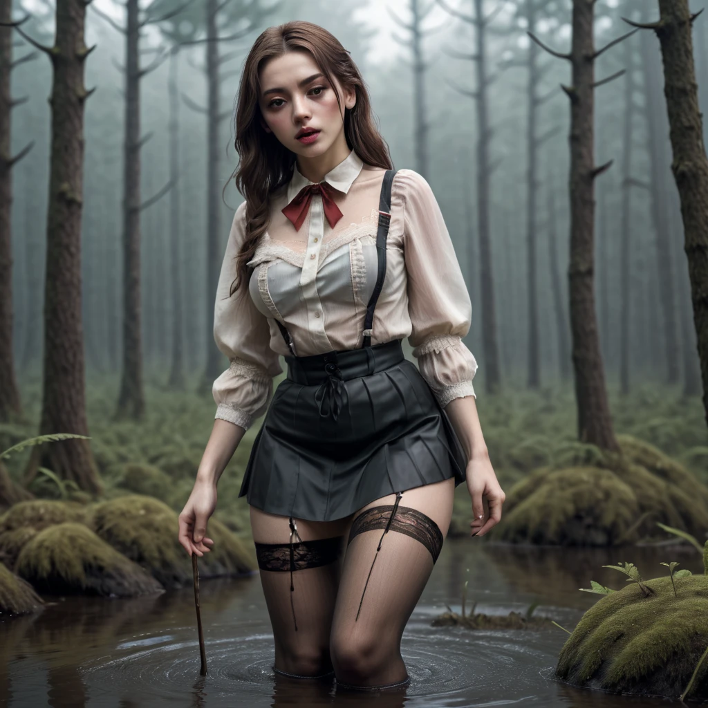 illustration,tortured by lust shy vulnerable bizarre female standing drowning in the middle of forest bog and sexy tease+touches herself,skirt,blouse,(lace stockings with garters), grimy shameful sexual ecstasy, hard breath, blush on face