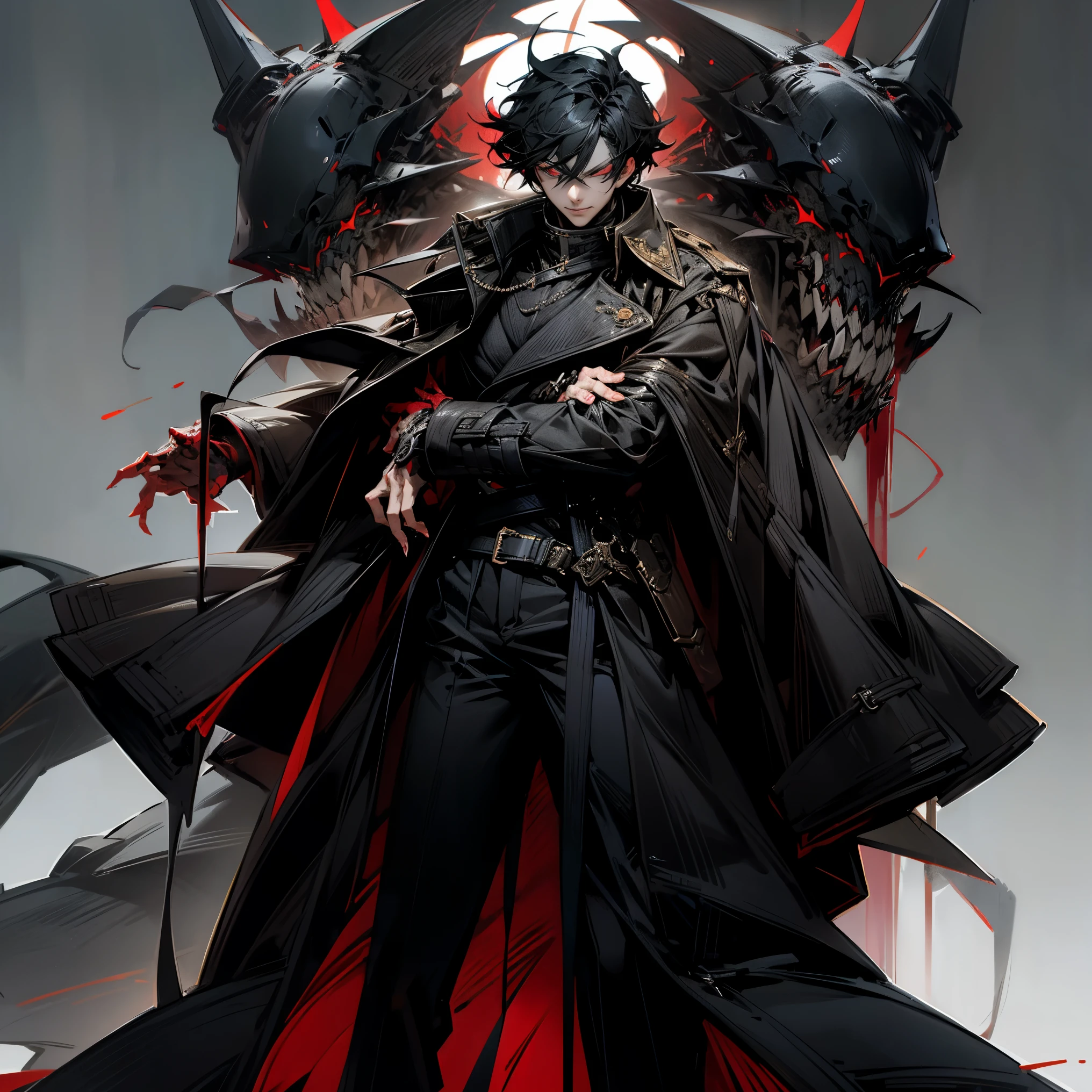 male，Black trench coat，short black hair，dark red eyes，hands crossed，Stand on a tall building，Behind him stands a soul armed to the teeth