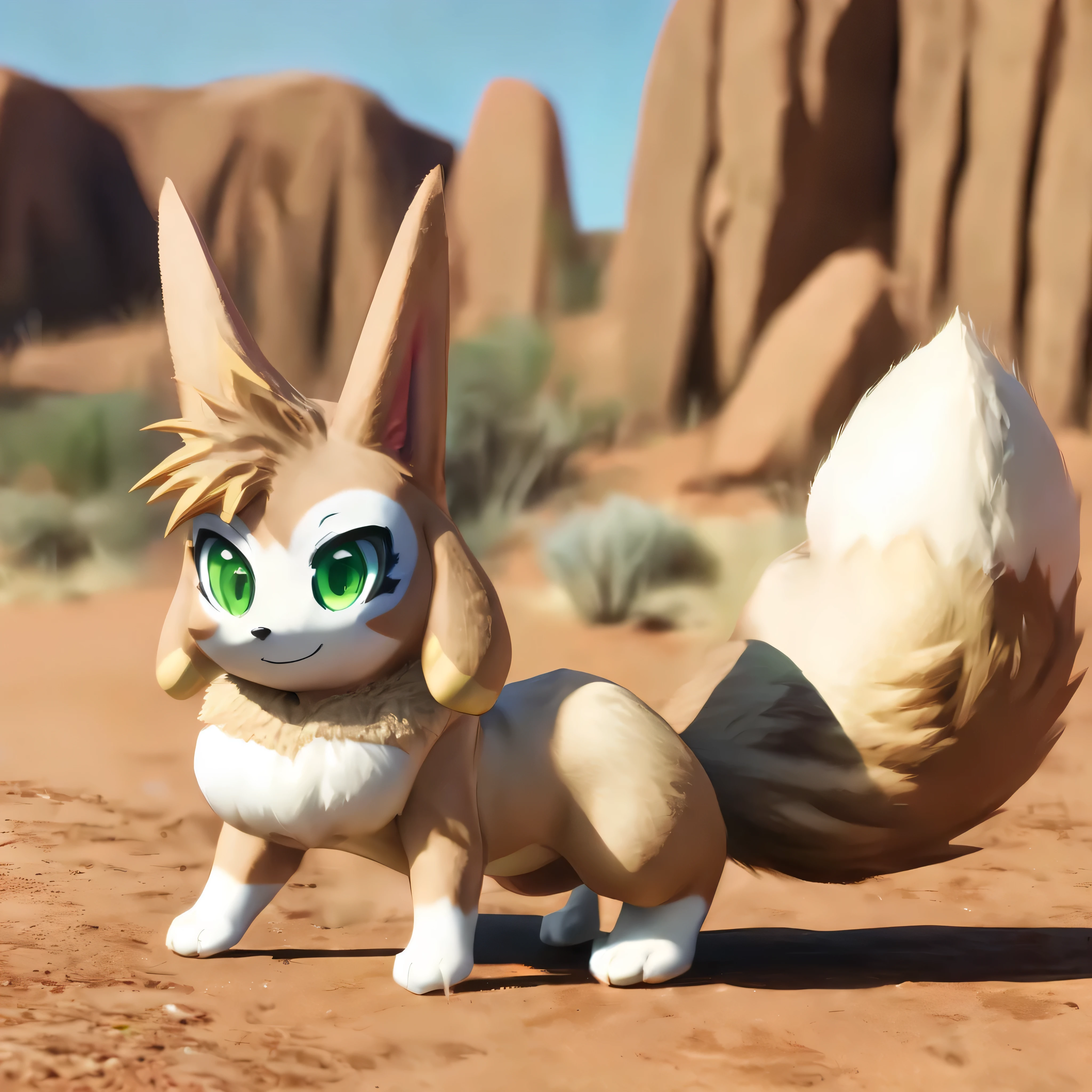 vxypwld style, cute vixy from palworld, big green eyes, beige and white fur, big fluffy tail, chest tuft, all fours, stops and poses for fashion photos at ayers rock, summer day, arid atmosphere, Australian theme