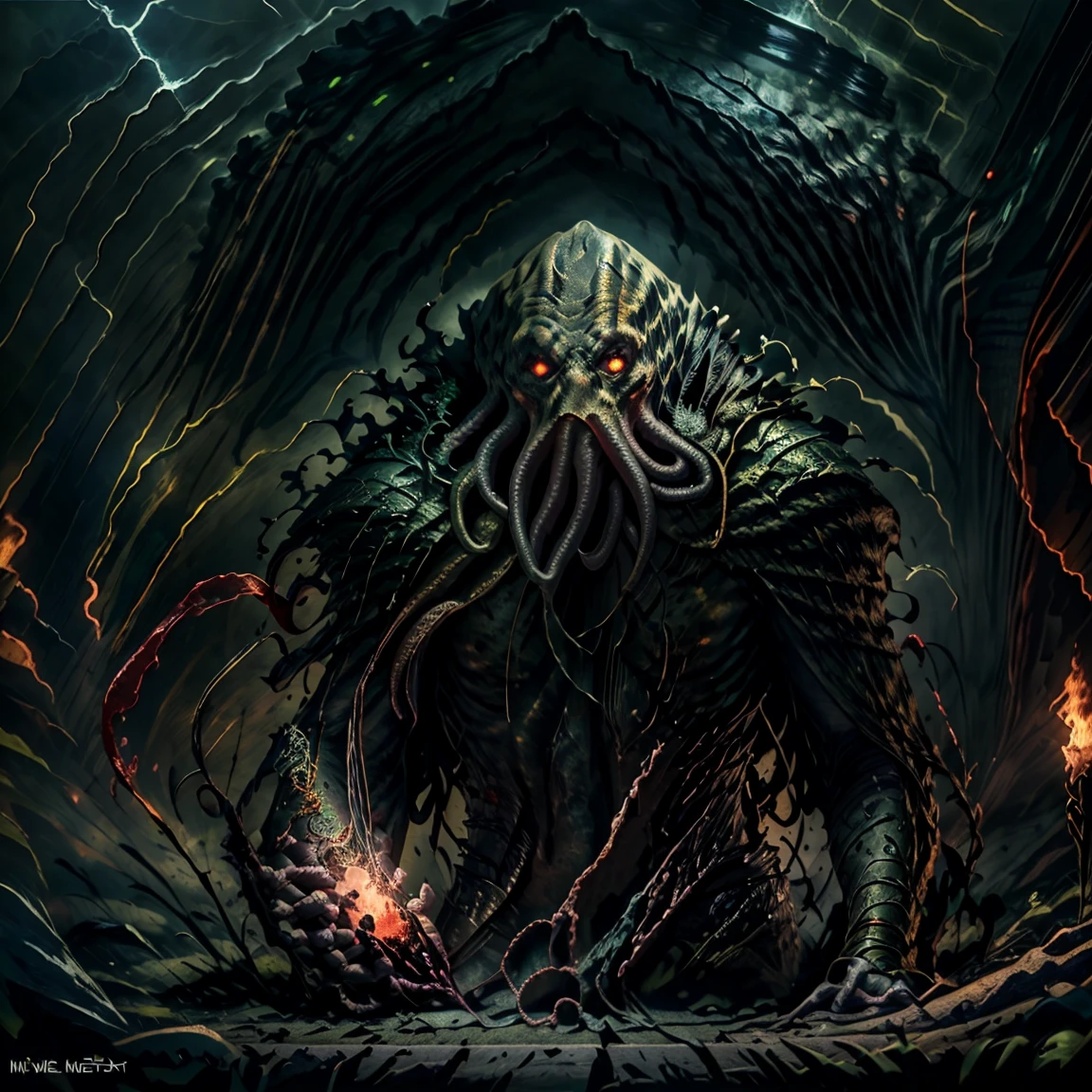 Dark humanoid ,four arm,dark green skin,holding scepter,dark age,in dark cave c unreal light ,wear torn rope ,thin body,tentacle,demonic, multiple  limb
