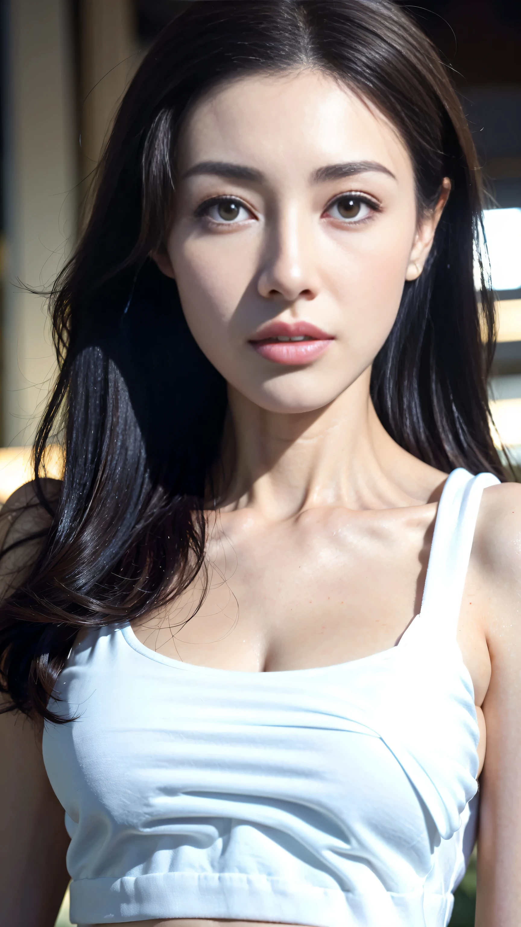 ((Realistic lighting, best quality, 8k, masterpiece: 1.3)), clear focus: 1.2, 1 girl, Perfect body: 1.4, slim abs: 1.1, ((dark brown hair)), (white crop top: 1.4), (outdoor, night: 1.1), city street, The face is super delicate, beautiful eyes, double eyelids,(((face close-up))),