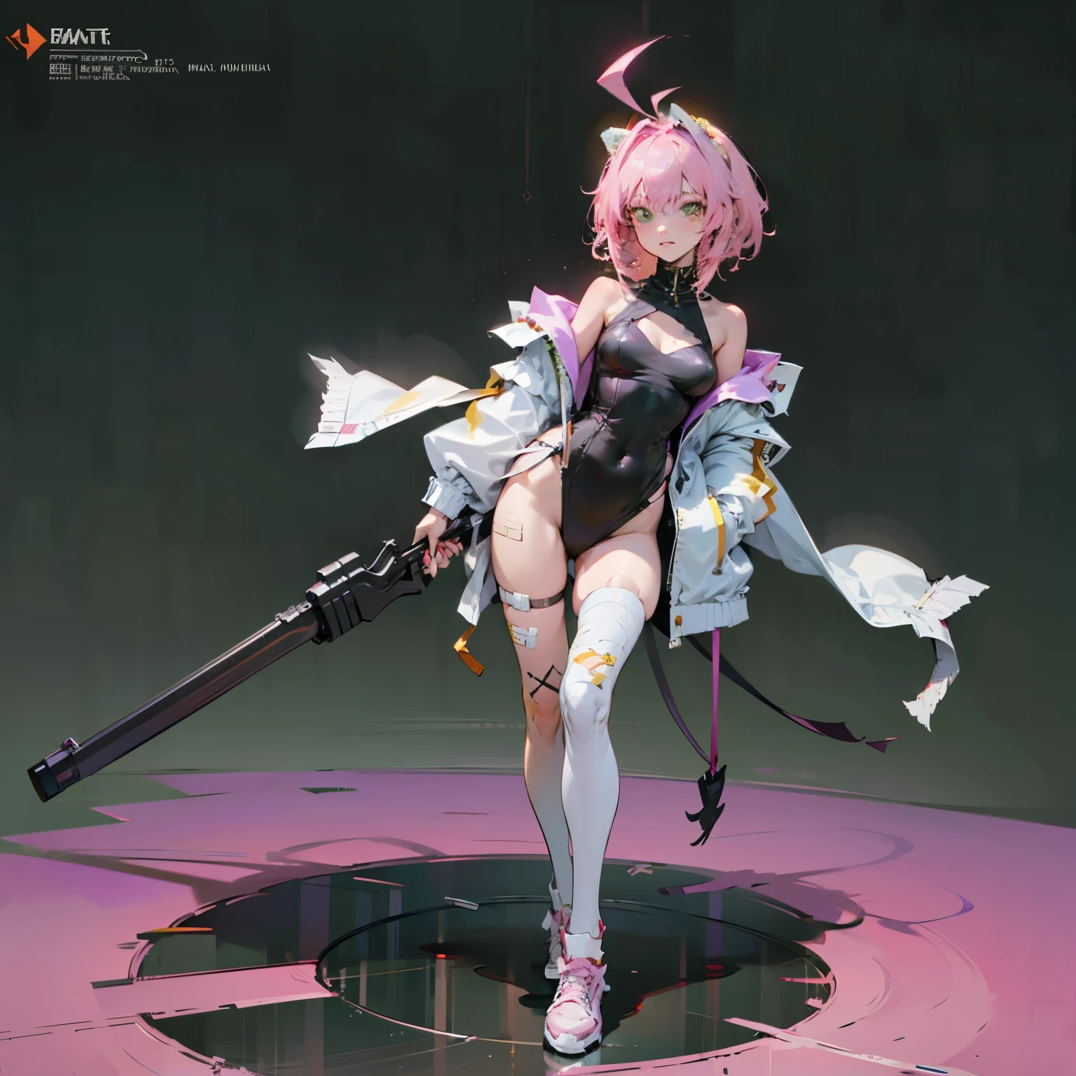 1girl,solo,green eyes,pink hair,ahoge,hand in pocket,weapon,holding,leotard,breasts,thighhighs,gun,full body,holding weapon,green background,socks,asymmetrical legwear,holding gun,looking at viewer,shoes,tail,covered navel,jacket,black leotard,standing,white jacket,open clothes,animal ears,clothing cutout,off shoulder,cleavage cutout,single thighhigh,sneakers,simple background,single sock,shadow,long sleeves,bare shoulders,mismatched legwear,kneehighs,closed mouth,bangs,coat,bandaid,fake animal ears,zipper,medium hair,open jacket,cleavage,bandaid on leg,uneven legwear, referenceart