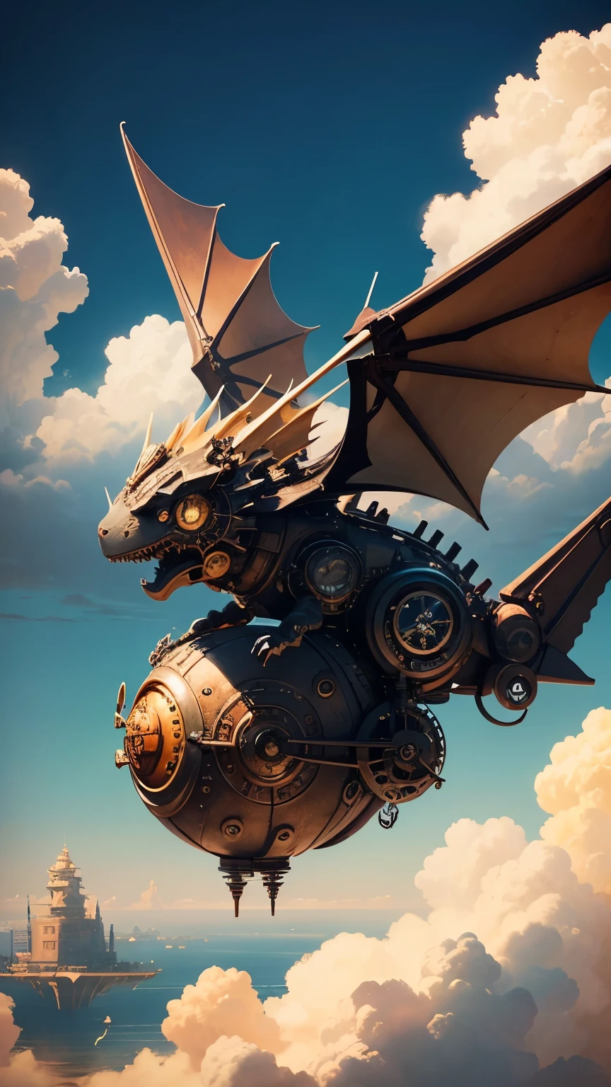 steampunkai。1dragon head。Little mechanical cute dragon in steampunk style。I'm on a floating island floating in the sky。aerial perspective。The background is blue sky and white clouds。