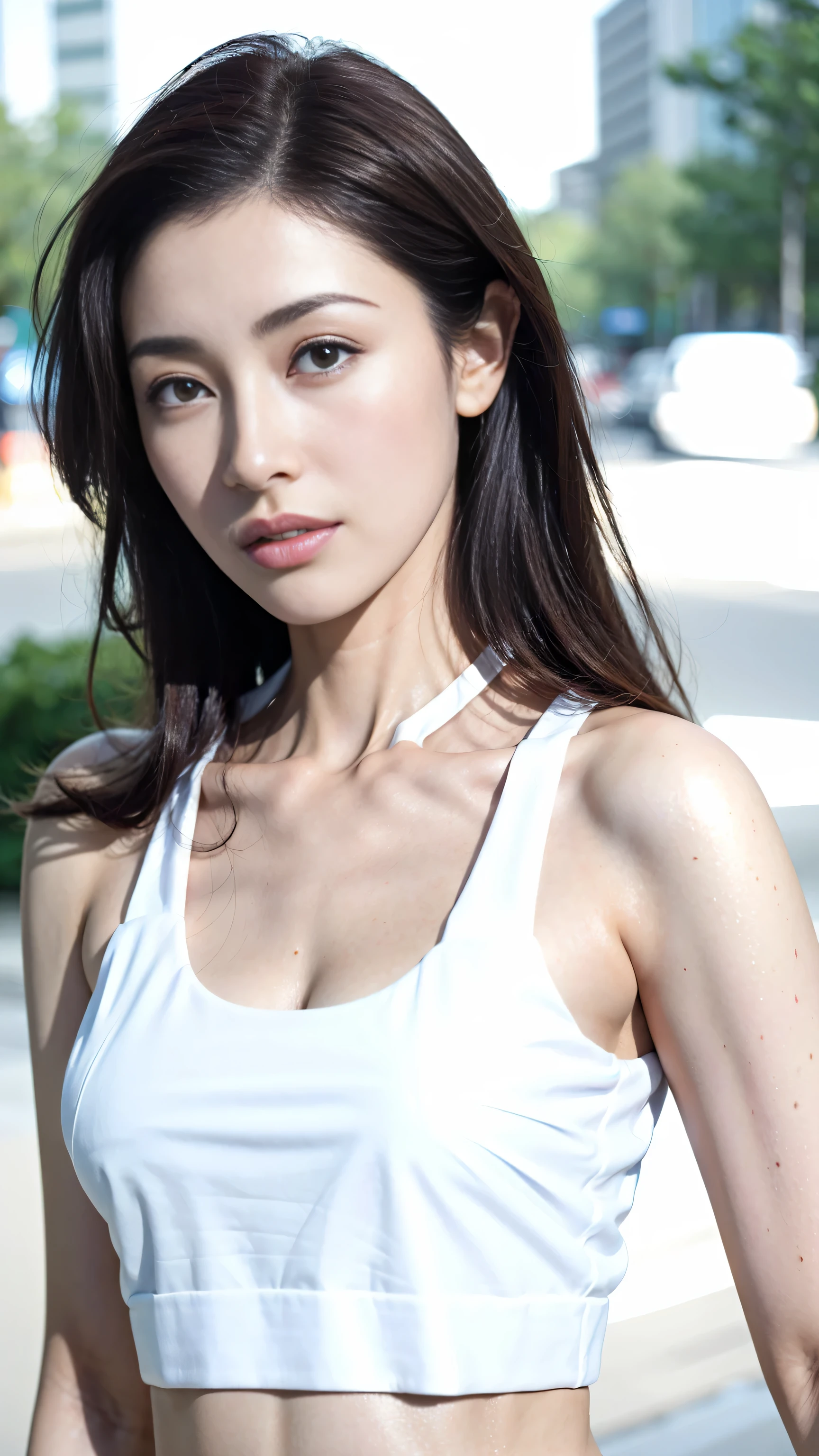 ((Realistic lighting, best quality, 8k, masterpiece: 1.3)), clear focus: 1.2, 1 girl, Perfect body: 1.4, slim abs: 1.1, ((dark brown hair)), (white crop top: 1.4), (outdoor, night: 1.1), city street, The face is super delicate, beautiful eyes, double eyelids,(((face close-up))),