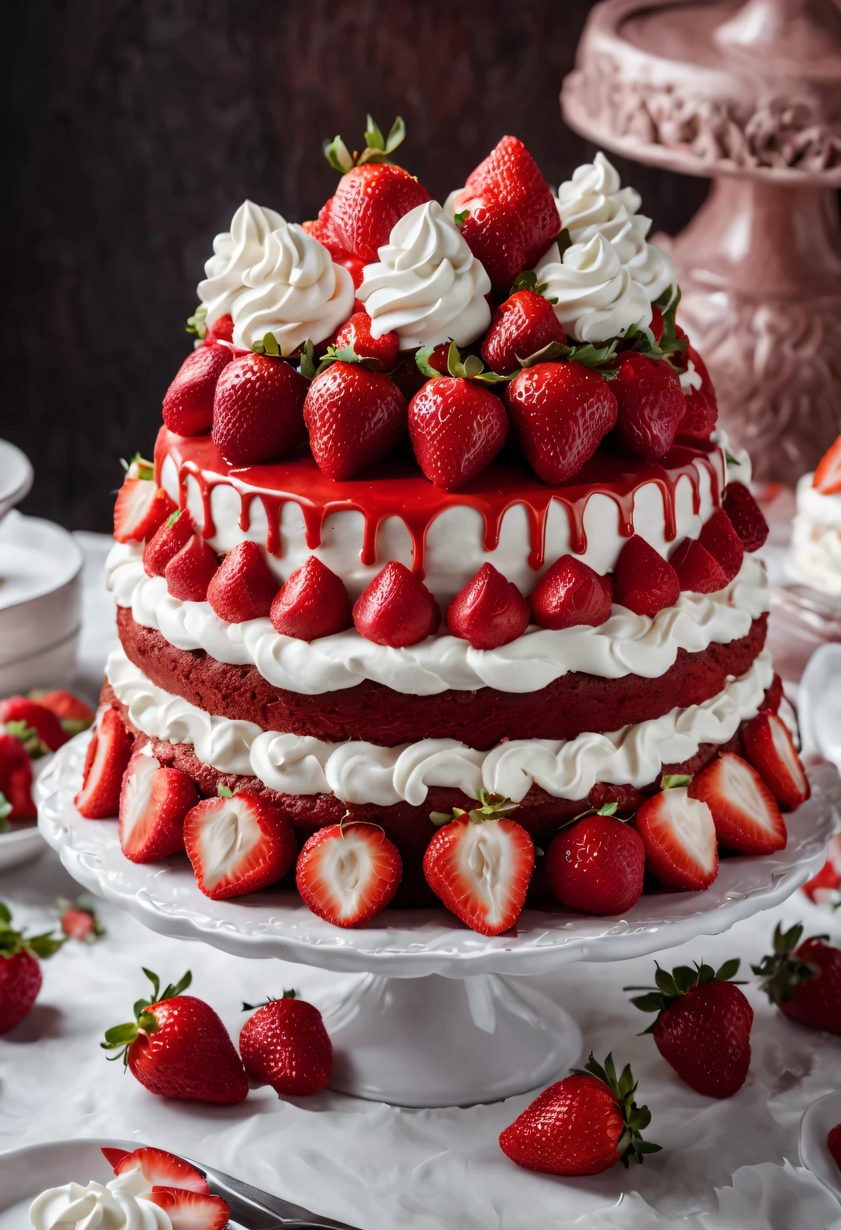 there is a bolo with strawberries on top of it on a table, veludo vermelho, vermelho e branco color theme, 3 4 5 3 1, bolo, morango, chantilly por cima, ao lado de morangos fatiados, 8k)), vermelho branco, vermelho e branco, bolos, the greatest bolo, de cair o queixo, imagem detalhada. decorado com morangos