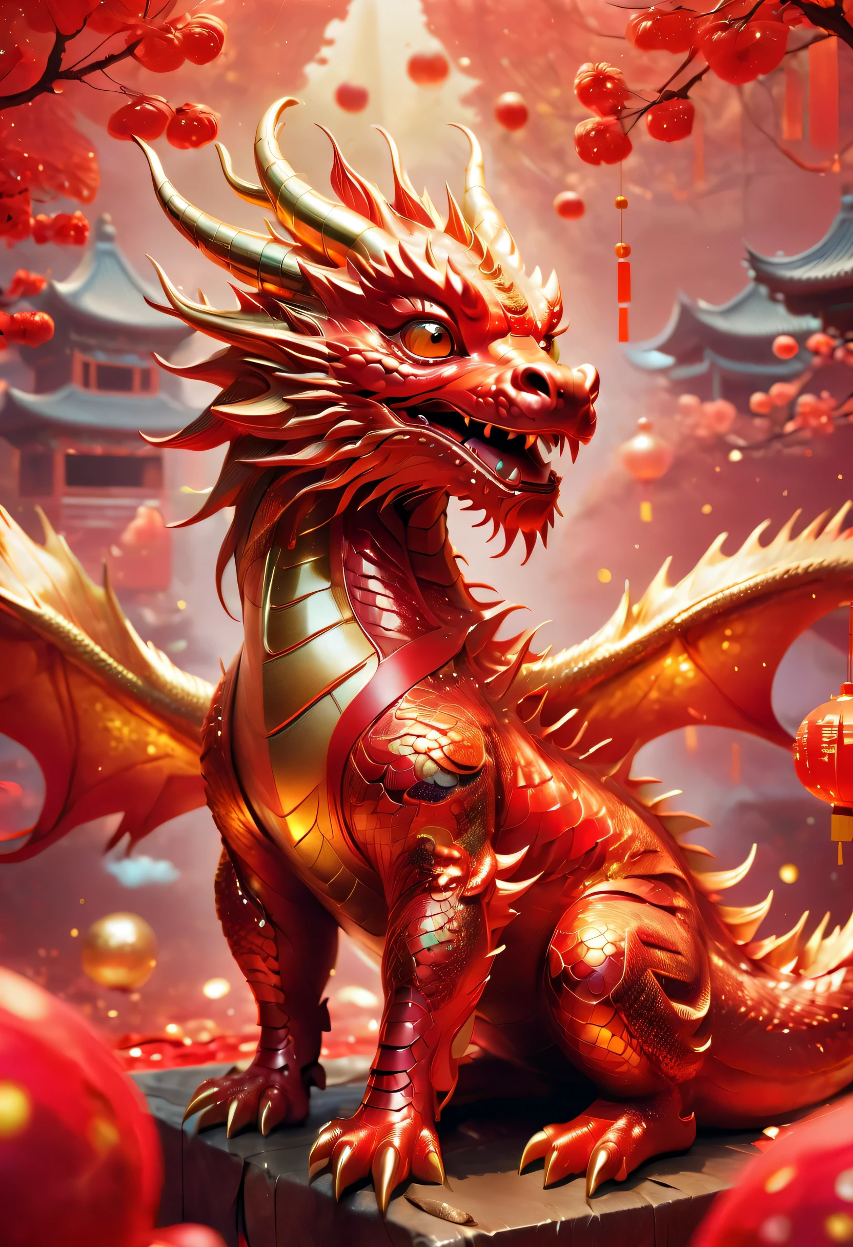 text "China", China新年 "2024", dragon cub mascot, red clothes, China鞠躬, welcome, many gold medals, Send red envelopes, confetti, A strong festive atmosphere, China元素, panoramic, Ultra-high saturation, (best quality, masterpiece, Representative Works, official art, professional, 8k)