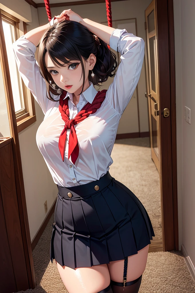 masterpiece, super fine illustration, best quality,ultra-detailed, 8K wallpaper, (a beautiful woman),big breasts,(black hair),(very short hair),(blue skirts),((white school uniform),smile,open mouth,rom behind,(hand against wall), ass,,bedroom,pink bed,night,side shot
BREAK
(burberry check panties),lifted by self,skirt lift