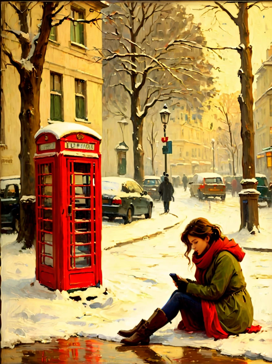 Midwinter，heavy snowfall，Everything is covered in snow and ice。street corner，A phone booth，((A beautiful girl squatting on the ground，Jumpy，Waiting anxiously alone))，This scene captures the cold white blanket of snow combined with the warmth emanating from the phone booth、The contrast between the rays of hope，(Highlighting the girl&#39;s loneliness and waiting in this quiet and somber winter landscape)，(medium shot:1.5), (8k)，Pierre Bonnard Style - Pierre Bonnard, Scene painting, Oil painting in the style of Pierre Bonnard