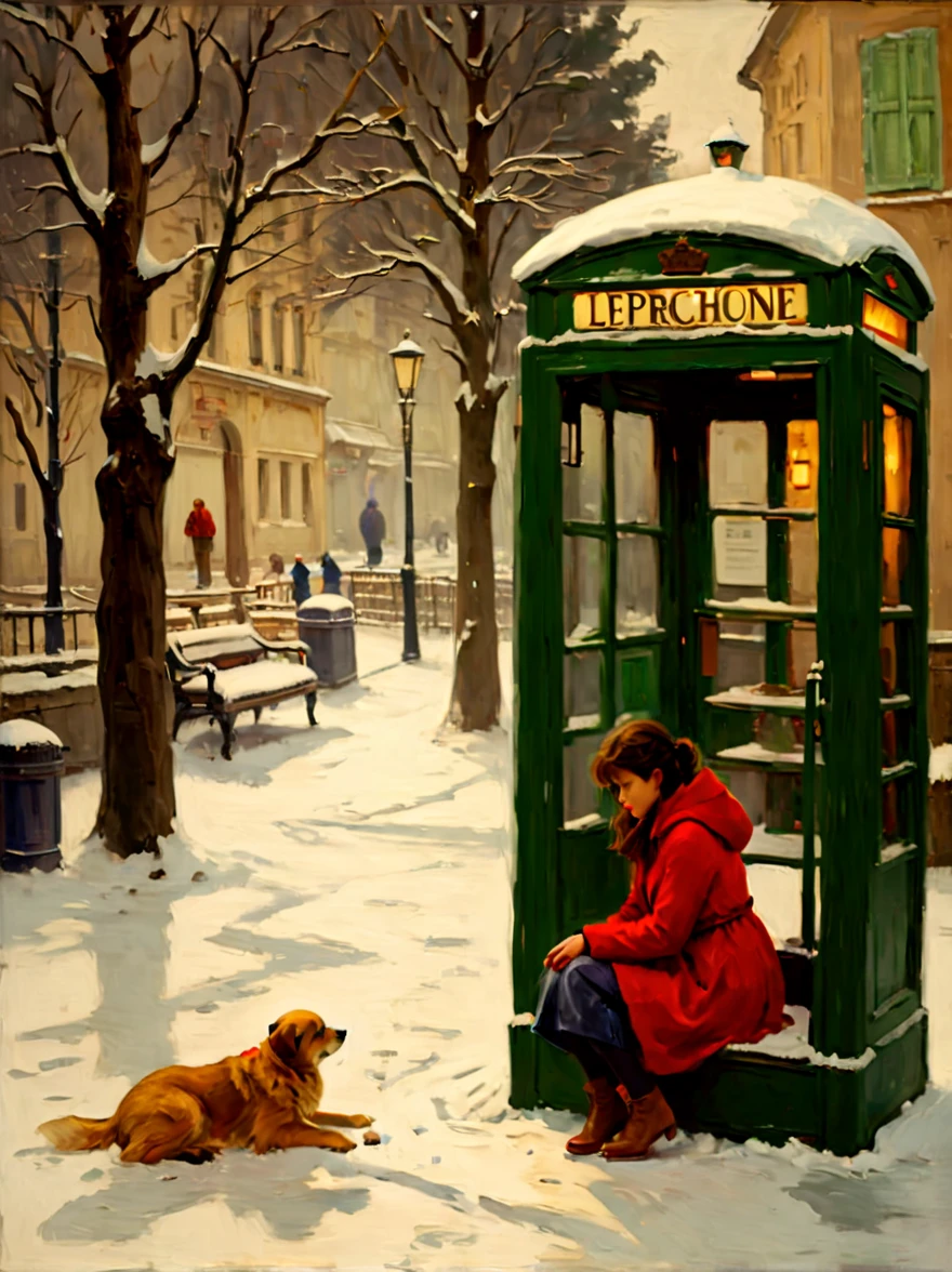 Midwinter，heavy snowfall，Everything is covered in snow and ice。street corner，A phone booth，((A beautiful girl squatting on the ground，Jumpy，Waiting anxiously alone))，This scene captures the cold white blanket of snow combined with the warmth emanating from the phone booth、The contrast between the rays of hope，(Highlighting the girl&#39;s loneliness and waiting in this quiet and somber winter landscape)，(medium shot:1.5), (8k)，Pierre Bonnard Style - Pierre Bonnard, Scene painting, Oil painting in the style of Pierre Bonnard