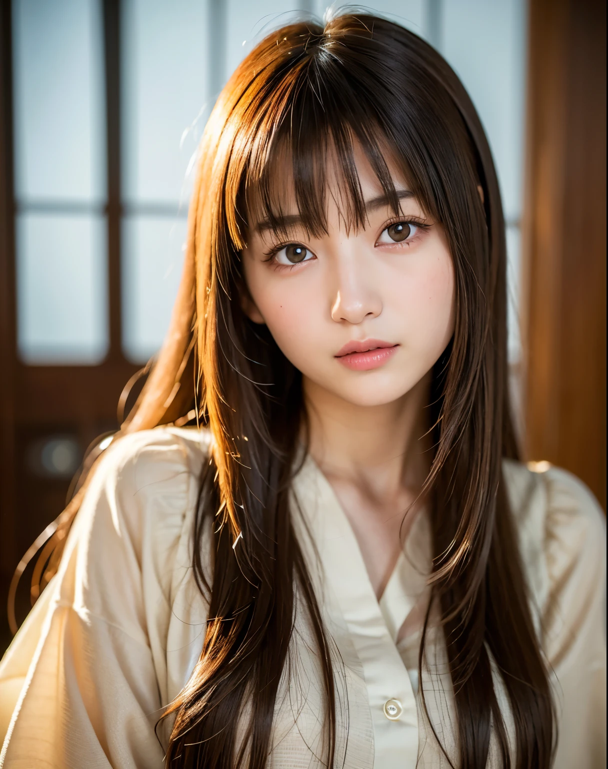 best quality, face focus, soft light, ultra high res, (photorealistic:1.4), RAW photo,
1japanese girl, solo, cute, (pupil, lights in the eyes), detailed beautiful face, (),(high resolution detail of human skin texture),
(long hair),
indoor,
Damask Shirt Dress,
(portrait)