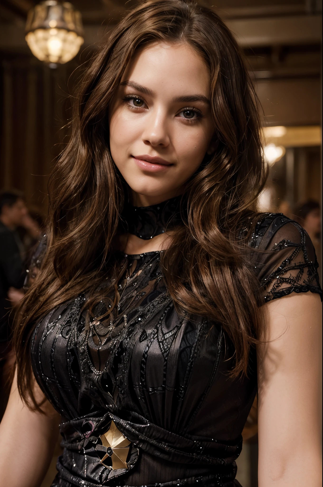  cinematic photo of a 23 year old girl with brown hair, long curls and brown eyes, happy, cheerful expression, closed mouth, beautiful lips, intricate details, shallow depth of field, highly detailed, high budget, epic Hollywood film, gorgeous, masterpiece, award-winning, professional, highly detailed, detailed skin texture, (blush: 0.5), (goosebumps: 0.5). (the most beautiful woman in the world) (brown hair) (long curly hair, wild hair, stylish cut) (( caramel teint))thin face, thin nose, beautiful, very beautiful, perfect face, slender body (slender), (brown hair) (brown eyes ) (caramell skin) Beautiful body, western face, predatory eyes, pink lips, thick thighs. full body, western beauty, thin nose, beautiful, perfect, ((best quality)), ((ultra resolution)), ((photorealistic: 1.4)), (intricate details), perfect face,  strong makeup: 1.5 , clear face, facial detail, ((Selfie, smile,)) ((( modern night life tokio, black glimmer dress)))
