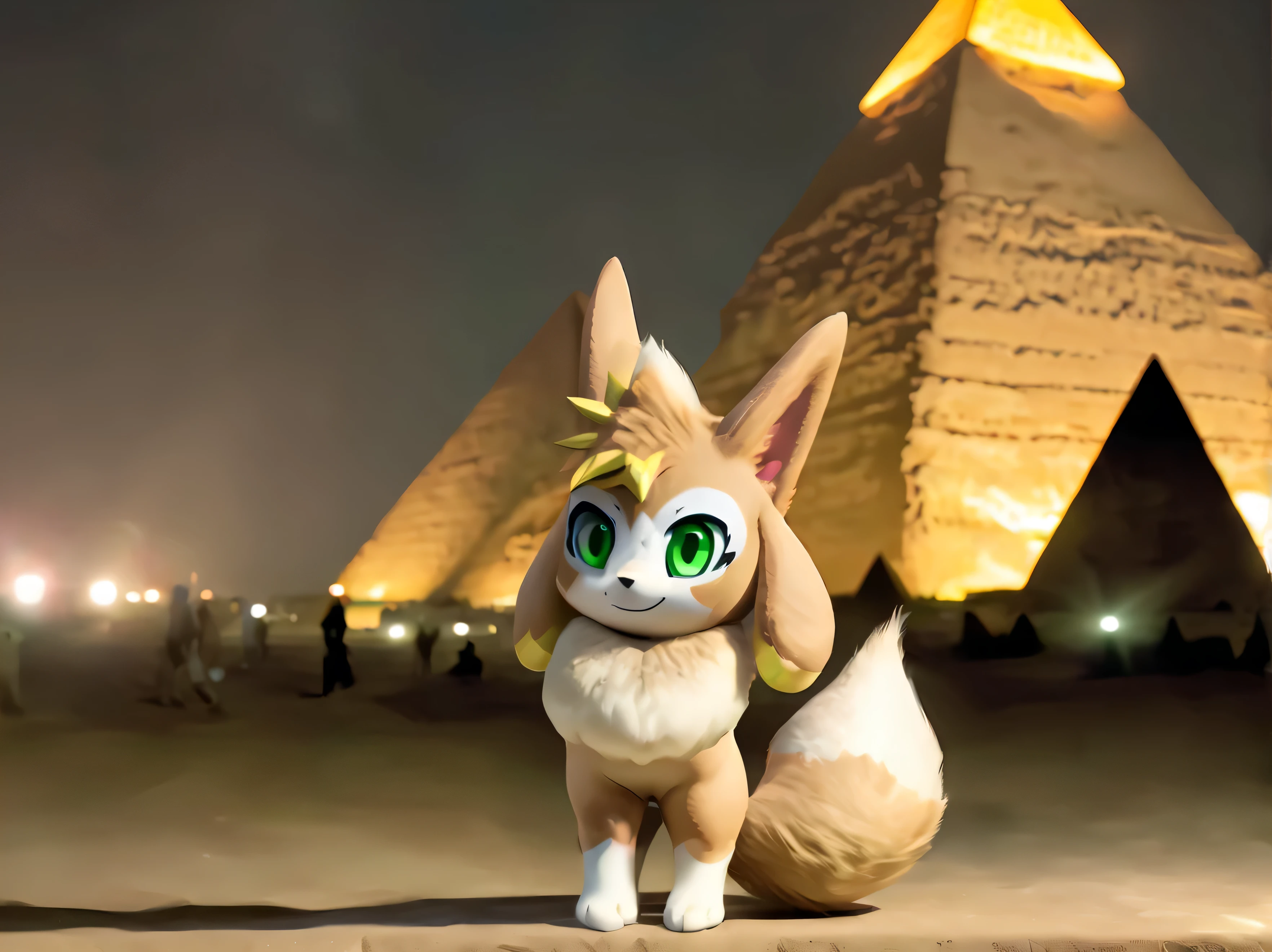 vxypwld style, cute vixy from palworld, big green eyes, beige and white fur, big fluffy tail, chest tuft, all fours, posing for fashion photos at the great pyramids in giza, night, desert background, Egyptian theme