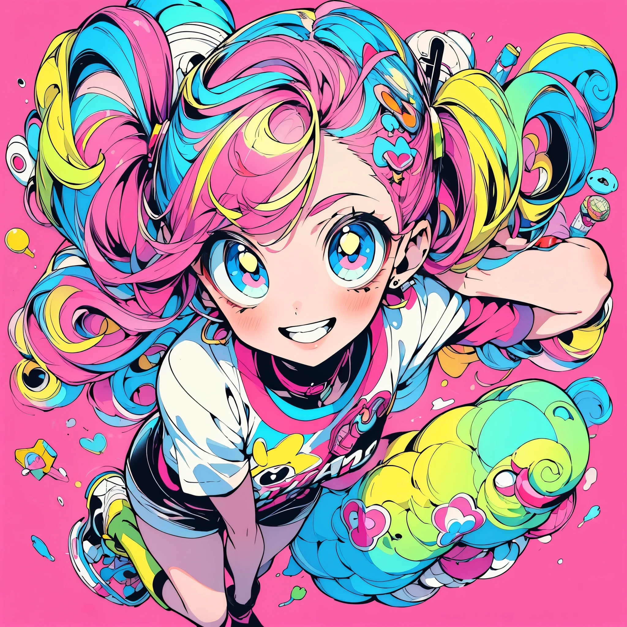 1 girl, yellow background, finger pointing, index finger raised, imitating, pointing up, solo, food, mouth open, water green hair, multi colored background, holding food, rainbow background, holding ice cream, ice cream, children, leopard print long dress, corner,