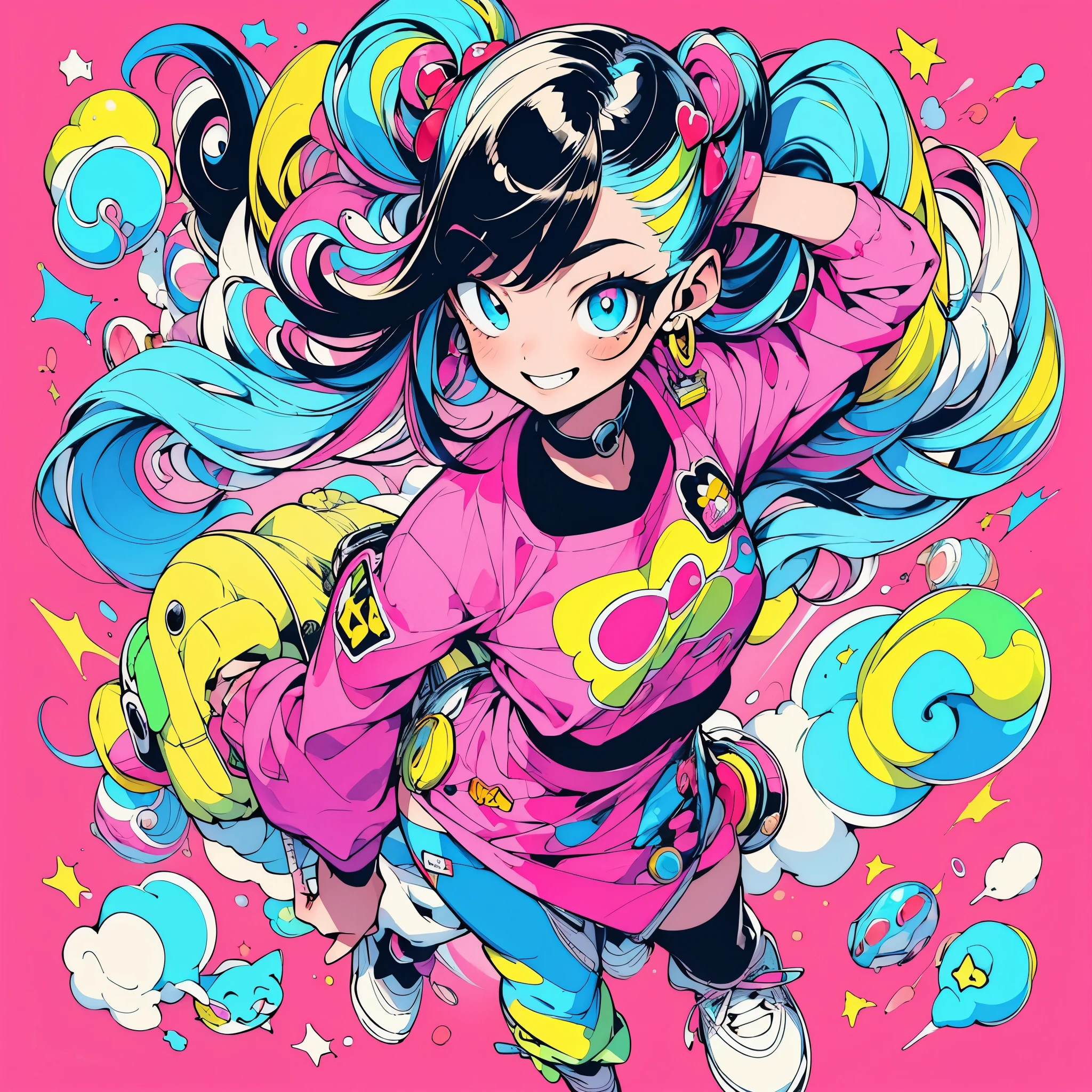 masterpiece, Top Quality, People girl,17 years old,(Cartoon style:1.4),Bright smile,Well-formed face,Dynamic pose,Cute,Pop,Full body,Colorful hair,Big eyes, (Ink design background:1.3),Colorful outfit based on white