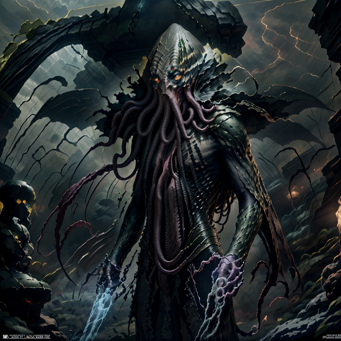Dark humanoid ,four arm,dark green skin,holding scepter,dark age,in dark cave c unreal light ,wear torn rope ,thin body,tentacle,demonic, multiple limb