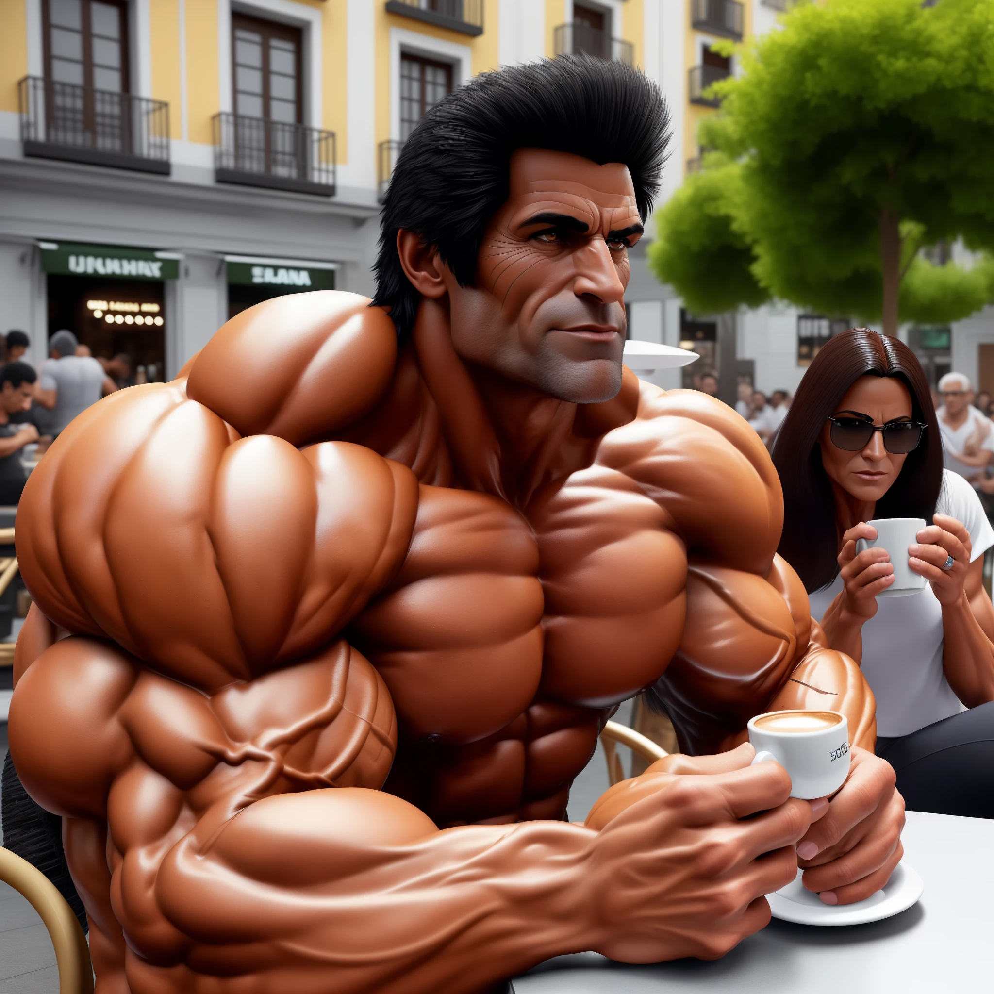 The body of a 50-year-old Spanish bodybuilder with a square face, large chin, massive jaws, raven hair, black eyes, olive skin and sculpted muscles, DRINKS A COFFEE , HD, 8K, ULTRA DETAILED, EPIC REALISM, PHOTOREALISTIC