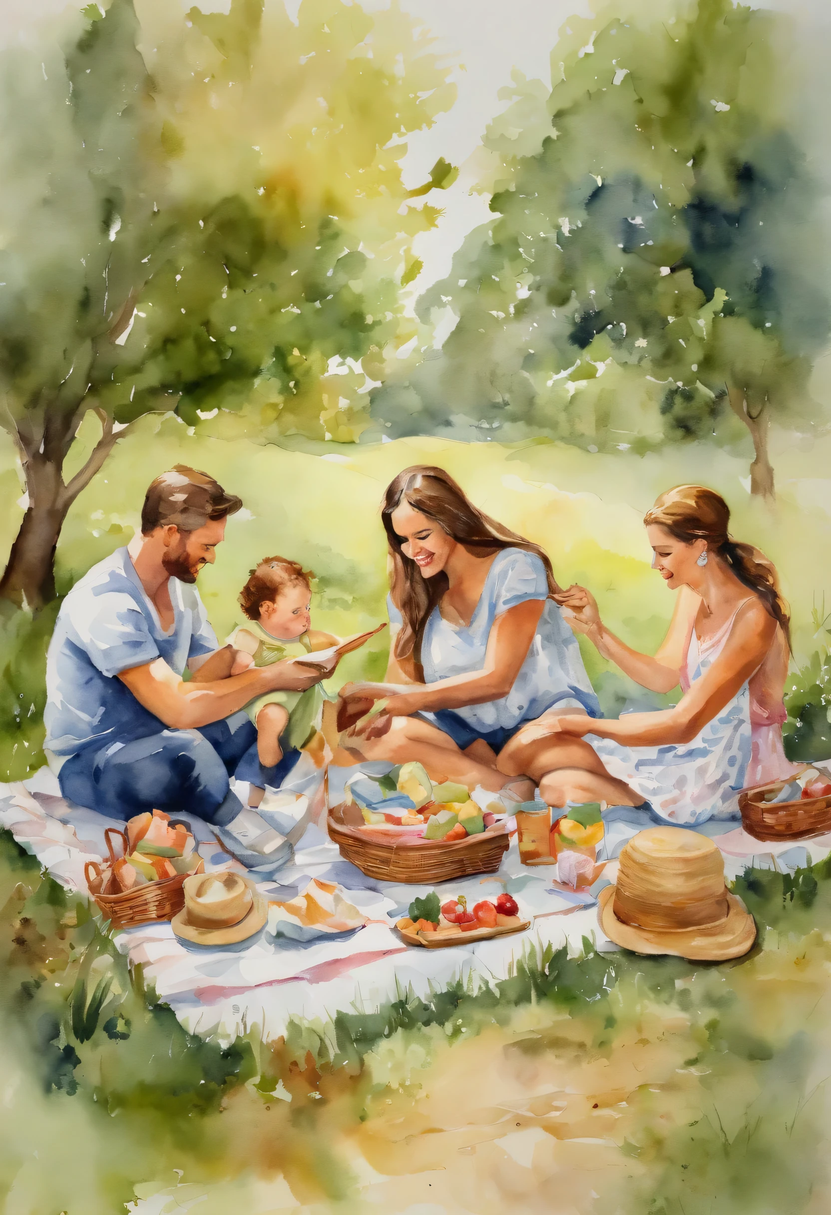 A baby, young , older  and an adult having a picnic