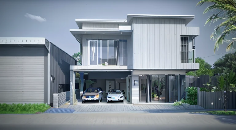 arafed view of a modern house with a car parked in front, render in vray, lumion render, render vray, highly detailed render, very detailed render, realistic render, 3 d finalrender, 3d finalrender, 3 d vray render, vray render, very realistic 3 d render, 3d render, 3 d render