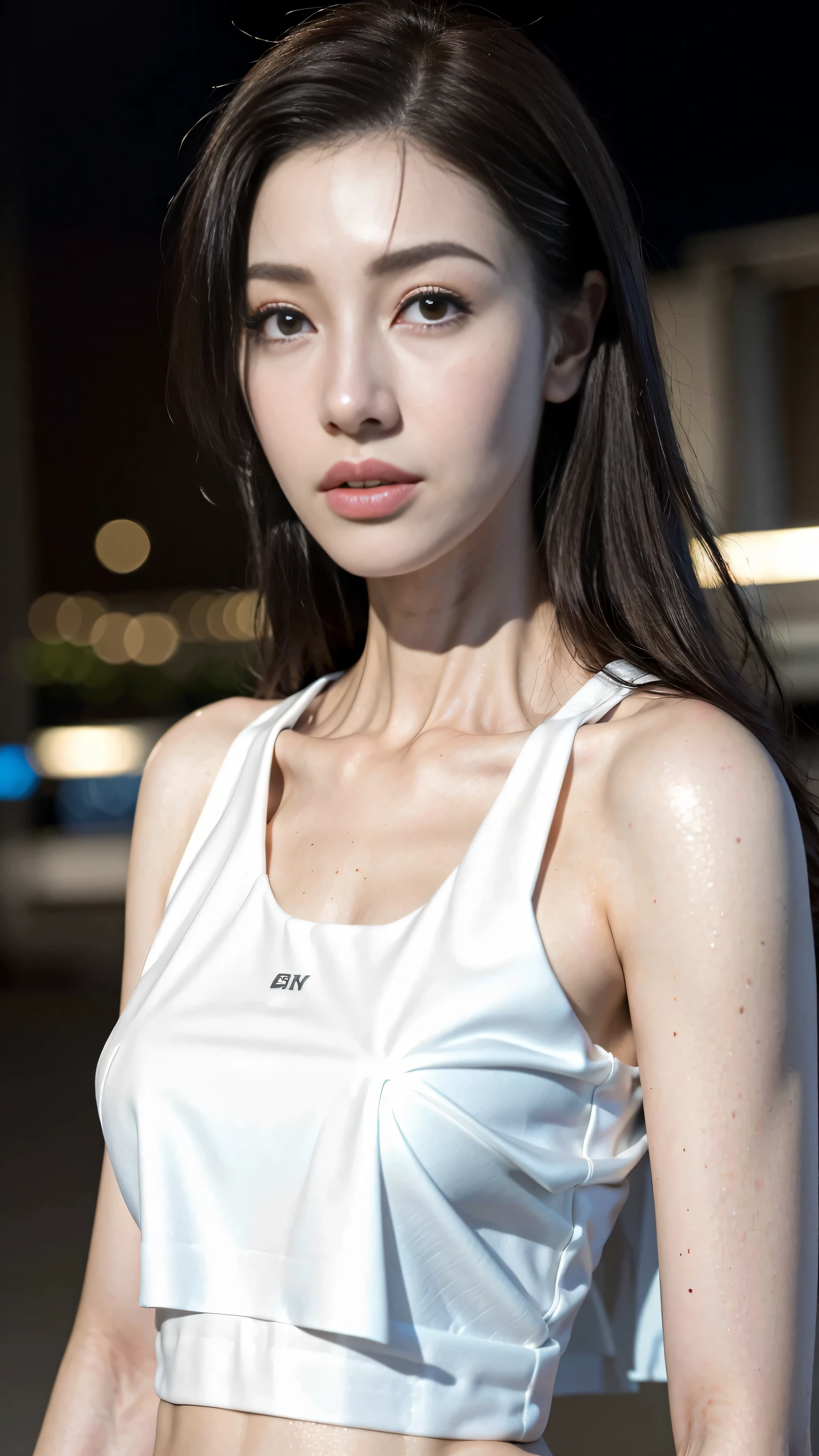 ((Realistic lighting, best quality, 8k, masterpiece: 1.3)), clear focus: 1.2, 1 girl, Perfect body: 1.4, slim abs: 1.1, ((dark brown hair)), (white crop top: 1.4), (outdoor, night: 1.1), city street, The face is super delicate, beautiful eyes, double eyelids,(((face close-up))),