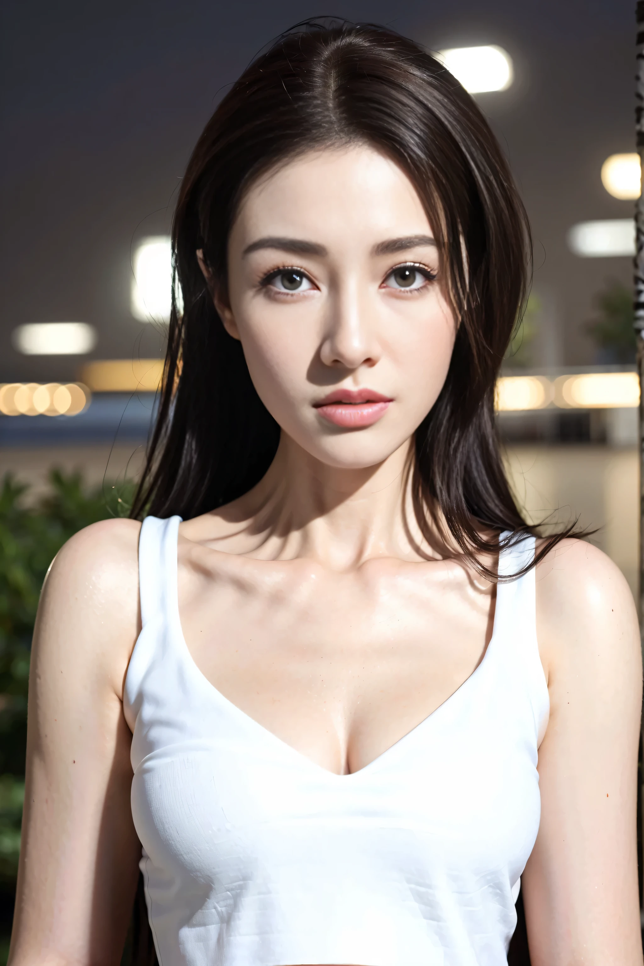 ((Realistic lighting, best quality, 8k, masterpiece: 1.3)), clear focus: 1.2, 1 girl, Perfect body: 1.4, slim abs: 1.1, ((dark brown hair)), (white crop top: 1.4), (outdoor, night: 1.1), city street, The face is super delicate, beautiful eyes, double eyelids,(((face close-up))),