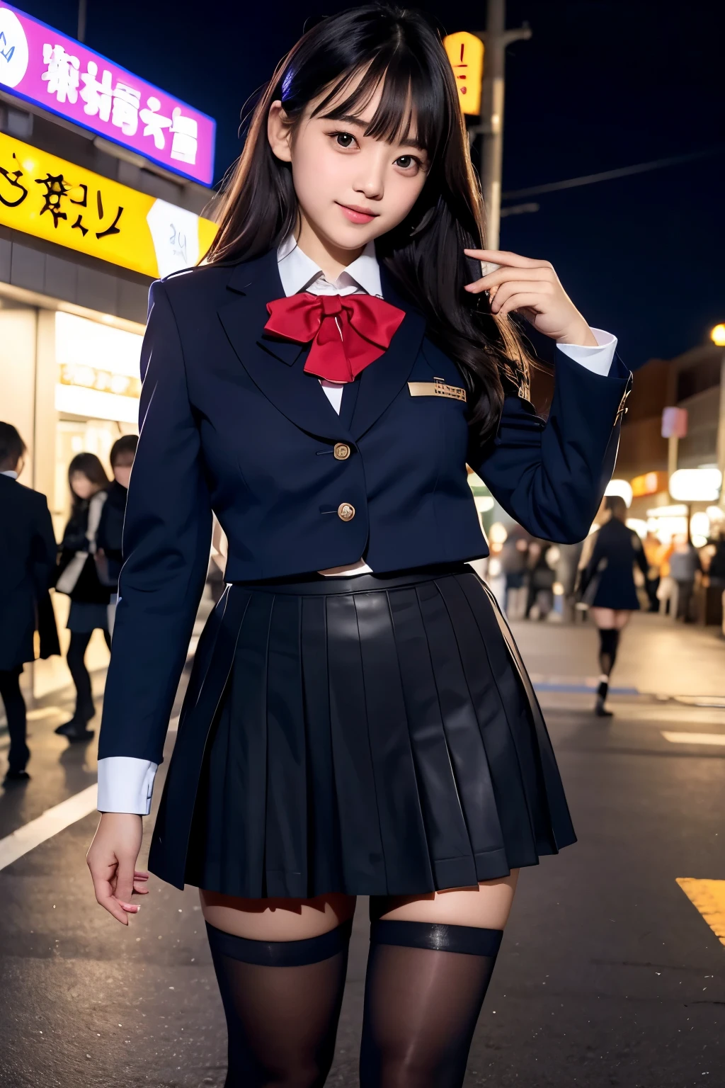 low angle shot、black pantyhose、big breasts、Shoes are visible、super treet snap、tall, A baby-faced gal woman wearing a short skirt and bow tie is standing in a neon street at night、high school student、Thin calf、japanese girl、Winter clothes、Wearing Japanese school uniform、Japanese school black uniform、Wearing a surreal high school uniform、girl in uniform、Wearing a dark blue uniform、Full body Esbian、(micro mini skirt)、Plump thighs、Wearing pantyhose that show your skin、leather shoes、Japanese high school 、Nogizaka Idol、inviting eyes