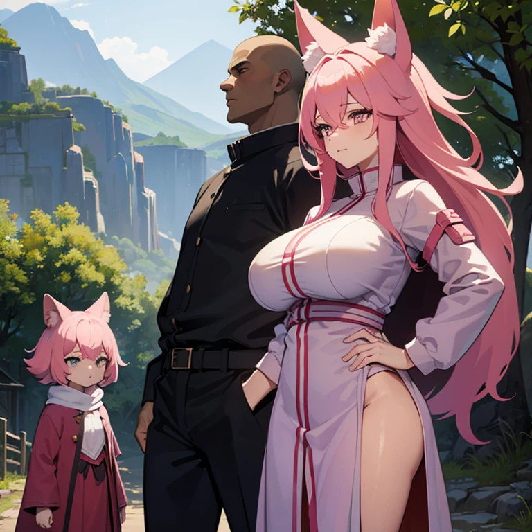 A woman with pink hair, Has fox ears that sleep backwards , Wear a jacket that covers your head, the woman has big breasts,Standing with a man beside him, The man's skin color is quite dark, The man is tall, Standing on a mountain village road.