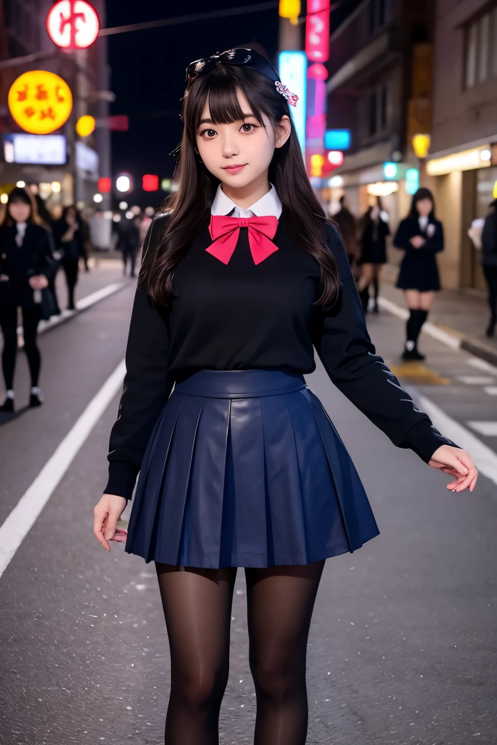 low angle shot、black pantyhose、big breasts、Shoes are visible、super treet snap、tall, A baby-faced gal woman wearing a short skirt and bow tie is standing in a neon street at night、high school student、Thin calf、japanese girl、Winter clothes、Wearing Japanese school uniform、Japanese school black uniform、Wearing a surreal high school uniform、girl in uniform、Wearing a dark blue uniform、Full body Esbian、(micro mini skirt)、Plump thighs、Wearing pantyhose that show your skin、leather shoes、Japanese high school 、Nogizaka Idol、inviting eyes