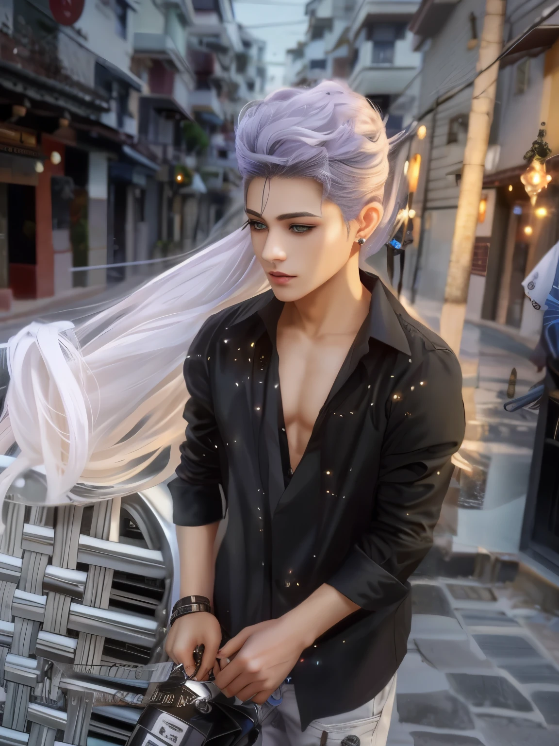 Barrio de Inglaterra, Fotos profesionales, shot from the back, Fotografiado para que se pueda ver todo el cuerpo, shot from the back, En Fed Man with Necklace, inspirado por Sim Sa-jeong, androgynous vampire, :9 cara detallada: 8, Cara extra detallada, Cabello punk detallado, ((gris)) ojos holgados, seductor. Altamente detallado, Anime semi realista, Vampiros, adolescente hiperrealista, delicate androgynous prince, IMVU, cabello morado brillante, ojos morados, Moda coreana fresca negra, Ocultar ambos ojos con flequillo, No puedo ver ambos ojos con flequillo, Flequillo largo, pelo corto por encima de las orejas, Dazzling expression, Aspecto salvaje, Mirando distantemente, Calidad de imagen de alto nivel, obra maestra, ((1 humano masculino))