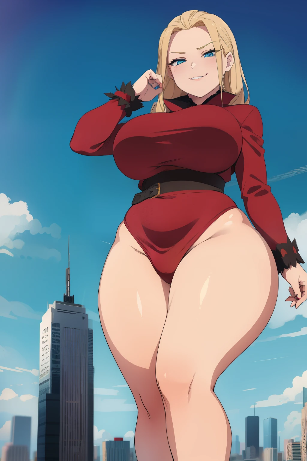 GTS, giantess, curvy, busty, evil smirk, thick thighs