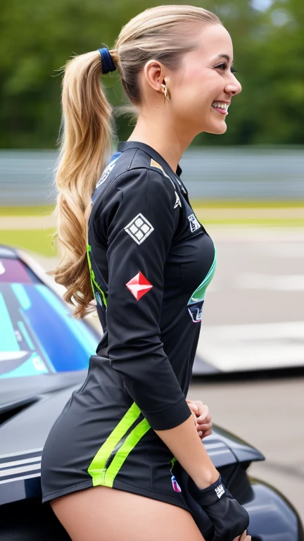 High resolution 8K、( highest quality), Super detailed, (masterpiece), realistic, Highly detailed cute girl,( 25 years old), (Full body to toes:1.2)、(shot from the side:1.2)、(sitting on the hood of a car)、(lace queen)、(sexy pose)、(Stretch Pose)、(big breasts)、(big ass)、(smile at the camera)、( Smile while looking at the camera ),(full body shot:1.2) ,(Side view:1.2)、(side shot:1.2)、(ponytail)、(photorealistic:1.3)、(Sponsored and wearing grid girl costume'logo is printed.:1.3), (shorts) , (sitting in a motorsport race), (Tamiya)、(SoftBank)、(looking at me and smiling)、
