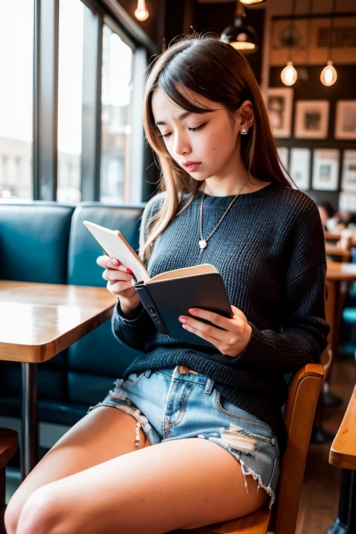 A girl sits in a cafe and reads a book