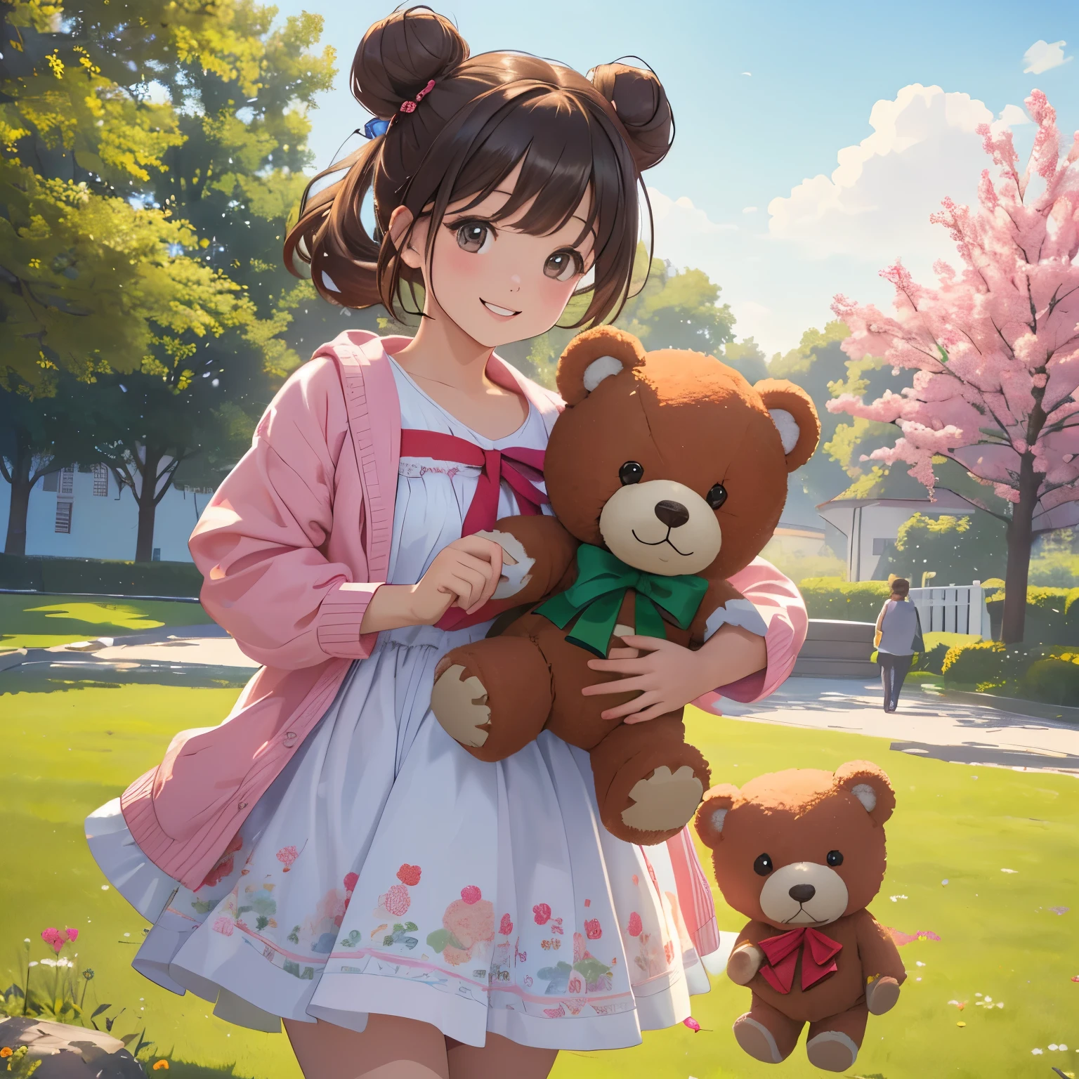 (best quality,4k,8k,highres,masterpiece:1.2),ultra-detailed,(realistic,photorealistic,photo-realistic:1.37),Illustration,Octane Render,morning park,a walking with a teddy bear, the girl has a bun hairstyle and a smiling face, vibrant colors, soft sunlight, beautiful flowers, green grass, playful atmosphere, peaceful environment,detailed textures, vibrant colors, cute teddy bear outfit, joyful expression