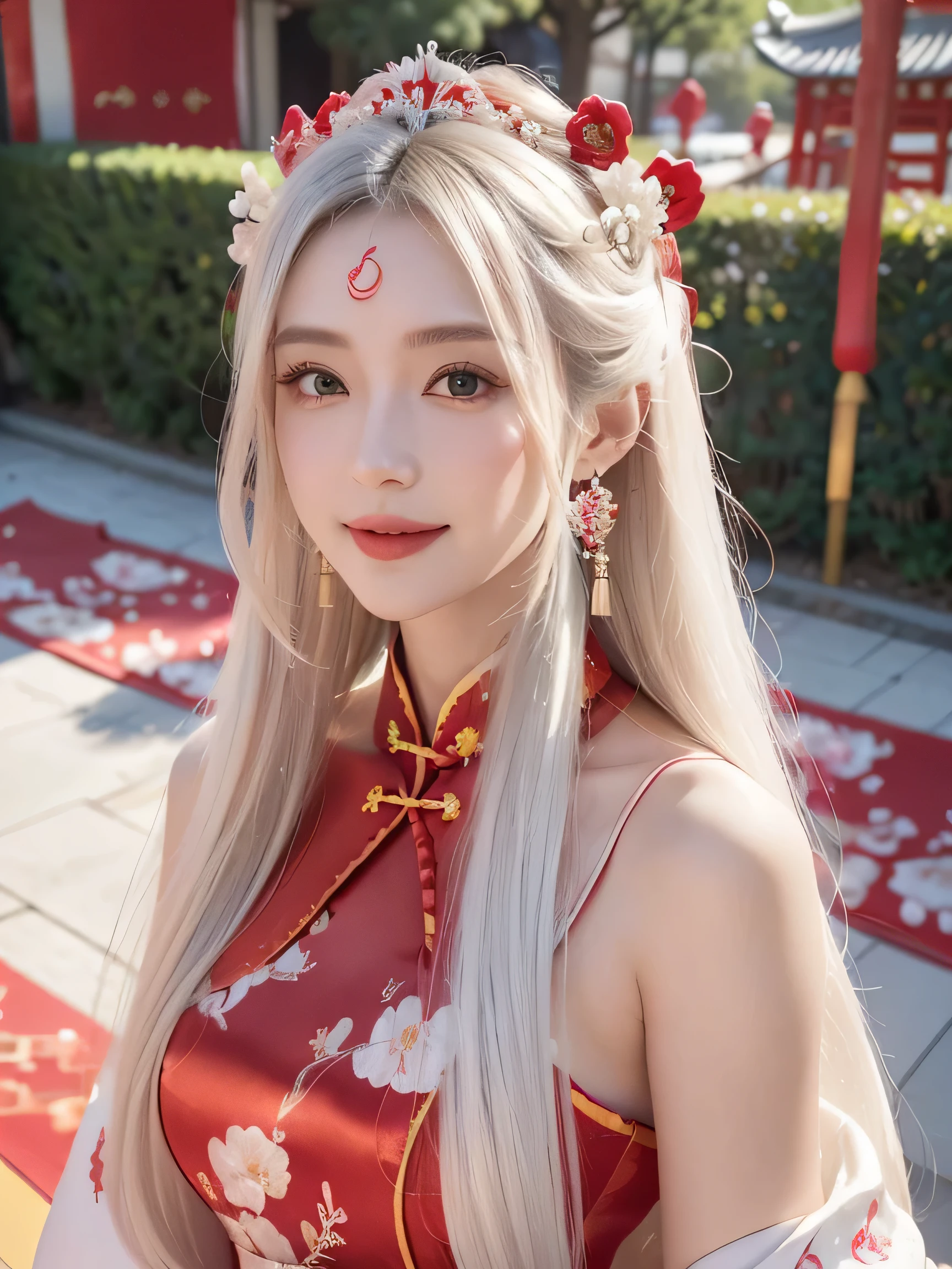 a beautiful girl,long white hair,((Wear a beautiful red Chinese wedding dress)),fine embroidery,(He wears an exquisite crown in his hair),A pair of sparkling earrings hanging from her ears,He wears a beautiful necklace around his neck,sweet smile,His face flushed,Smile,Flowers in hand