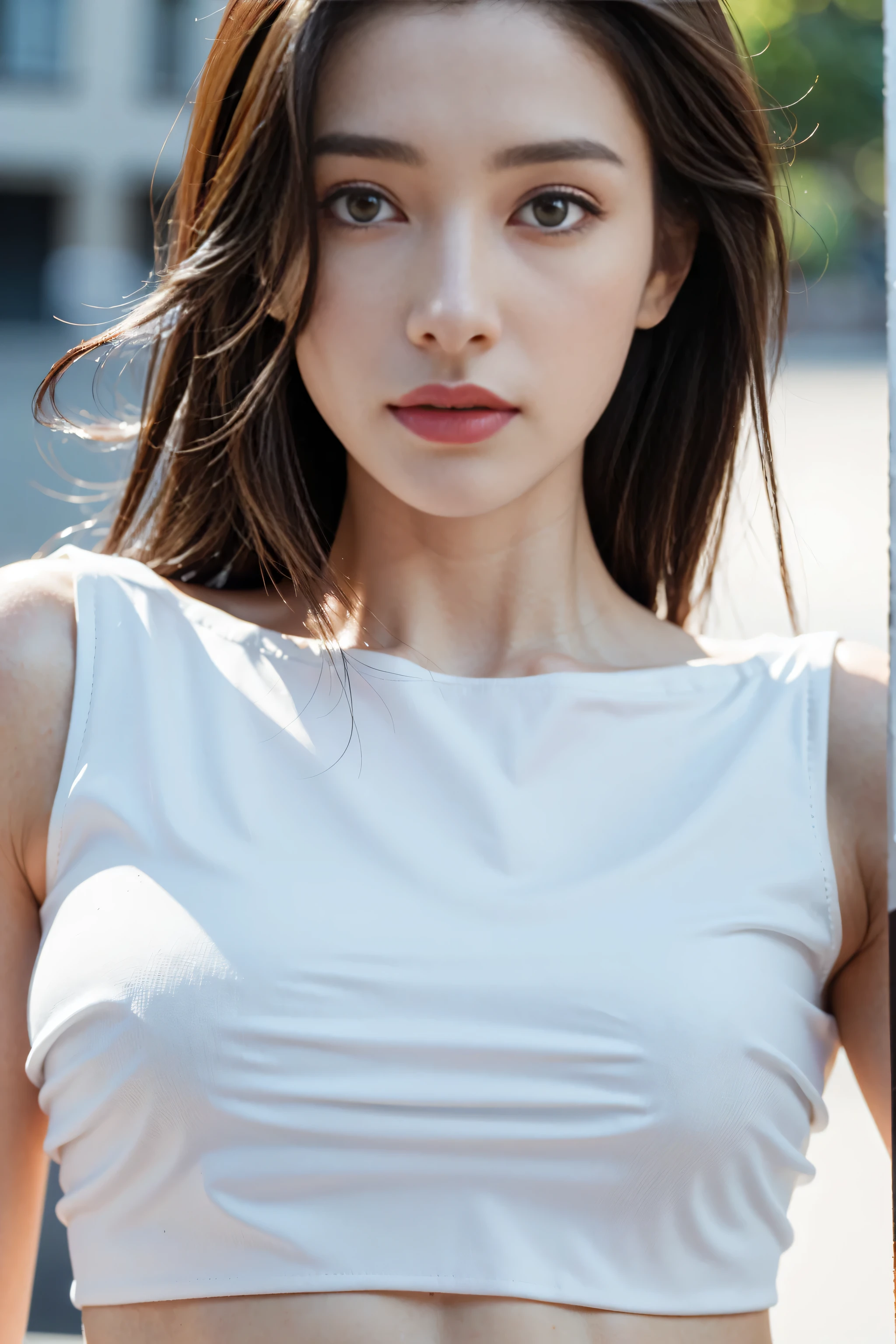 ((Realistic lighting, best quality, 8k, masterpiece: 1.3)), clear focus: 1.2, 1 girl, Perfect body: 1.4, slim abs: 1.1, ((dark brown hair)), (white crop top: 1.4), (outdoor, night: 1.1), city street, The face is super delicate, beautiful eyes, double eyelids,(((face close-up))),