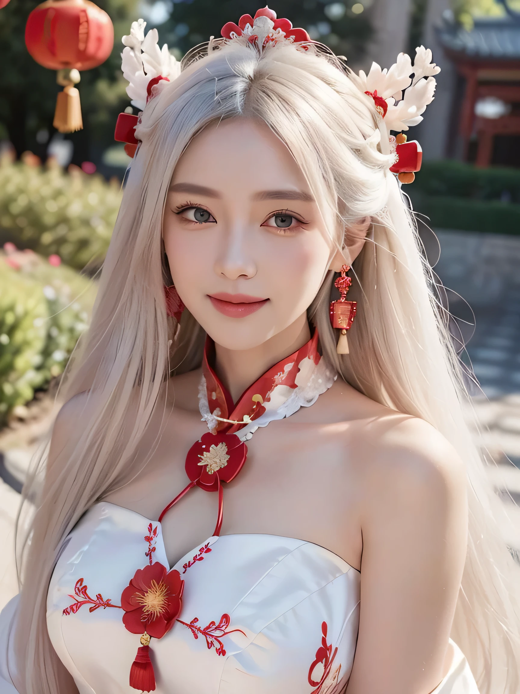 a beautiful girl,long white hair,((Wear a beautiful red Chinese wedding dress)),fine embroidery,(He wears an exquisite crown in his hair),A pair of sparkling earrings hanging from her ears,He wears a beautiful necklace around his neck,sweet smile,His face flushed,Smile,Flowers in hand