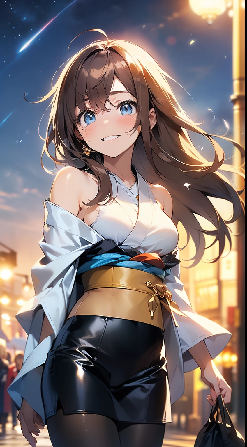 ((masterpiece, best quality, high resolution, ultra high definition, Pixel perfect, wide angle, 4K, RTX, human development report))), 1girl in, single, alone, Beauty、see whole body、 (( Reddish-brown hair , very long hair , Short Liuhai )), ((blue eyes, beautiful eyelashes, realistic eyes)), ((Detailed face, blush:1.2)), ((smooth texture:0.75, lifelike质感:0.65, lifelike:1.1, Anime CG style)), medium breasts, Perfect body, (( Japanese kimono, bare shoulders ,Black tights)), Smile, elegant posture , (wind blows hair,bare shoulders、exposing her chest、Black tights) , Snowy scenery at night