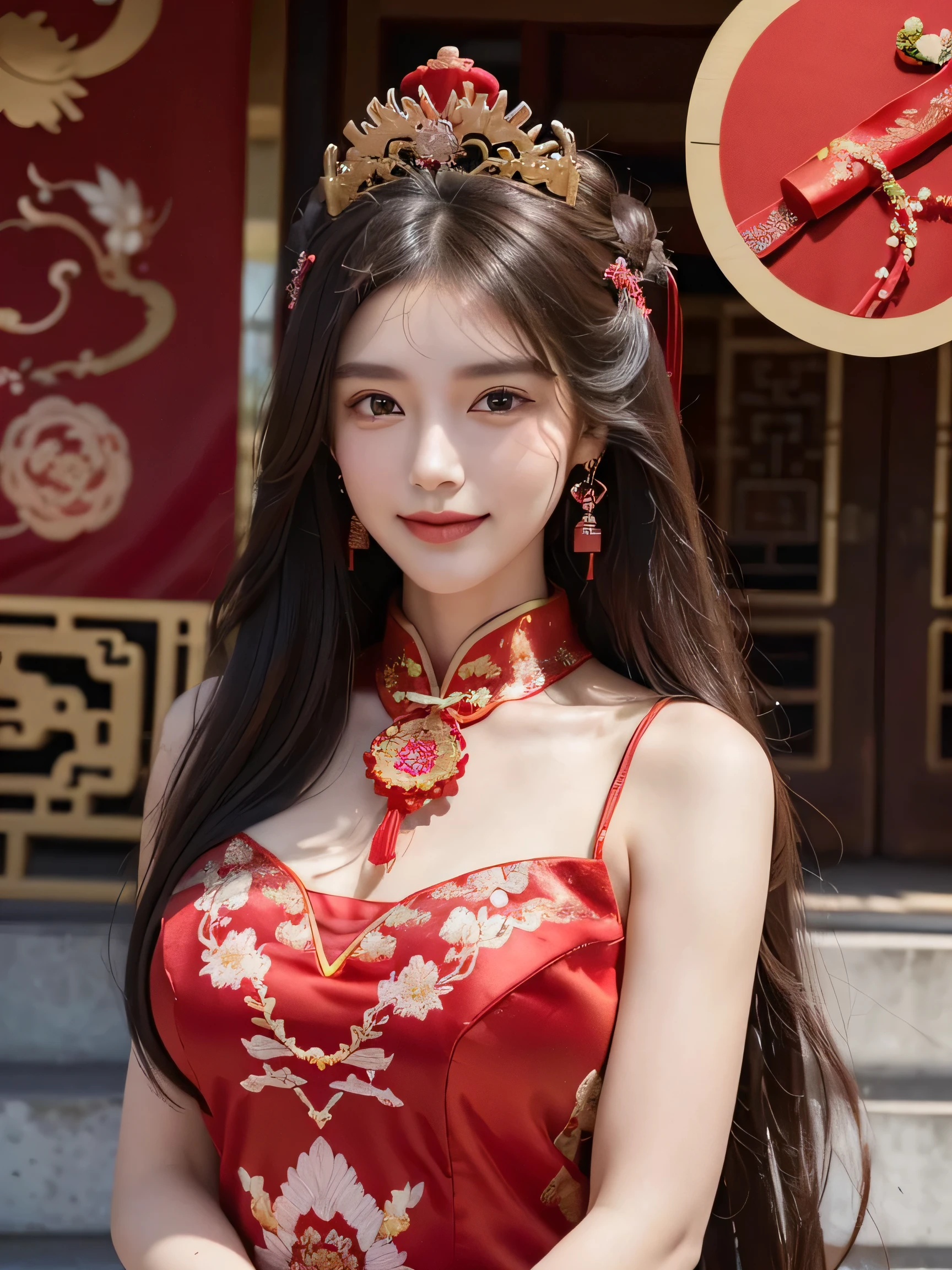 a beautiful girl，long hair，((Wear a beautiful red Chinese wedding dress))，fine embroidery，(He wears an exquisite crown in his hair)，A pair of sparkling earrings hanging from her ears，He wears a beautiful necklace around his neck，sweet smile，His face flushed，Smile，Flowers in hand