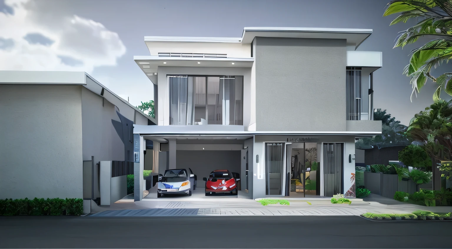 arafed view of a modern house with a car parked in front, render in vray, lumion render, render vray, highly detailed render, very detailed render, realistic render, 3 d finalrender, 3d finalrender, 3 d vray render, vray render, very realistic 3 d render, 3d render, 3 d render