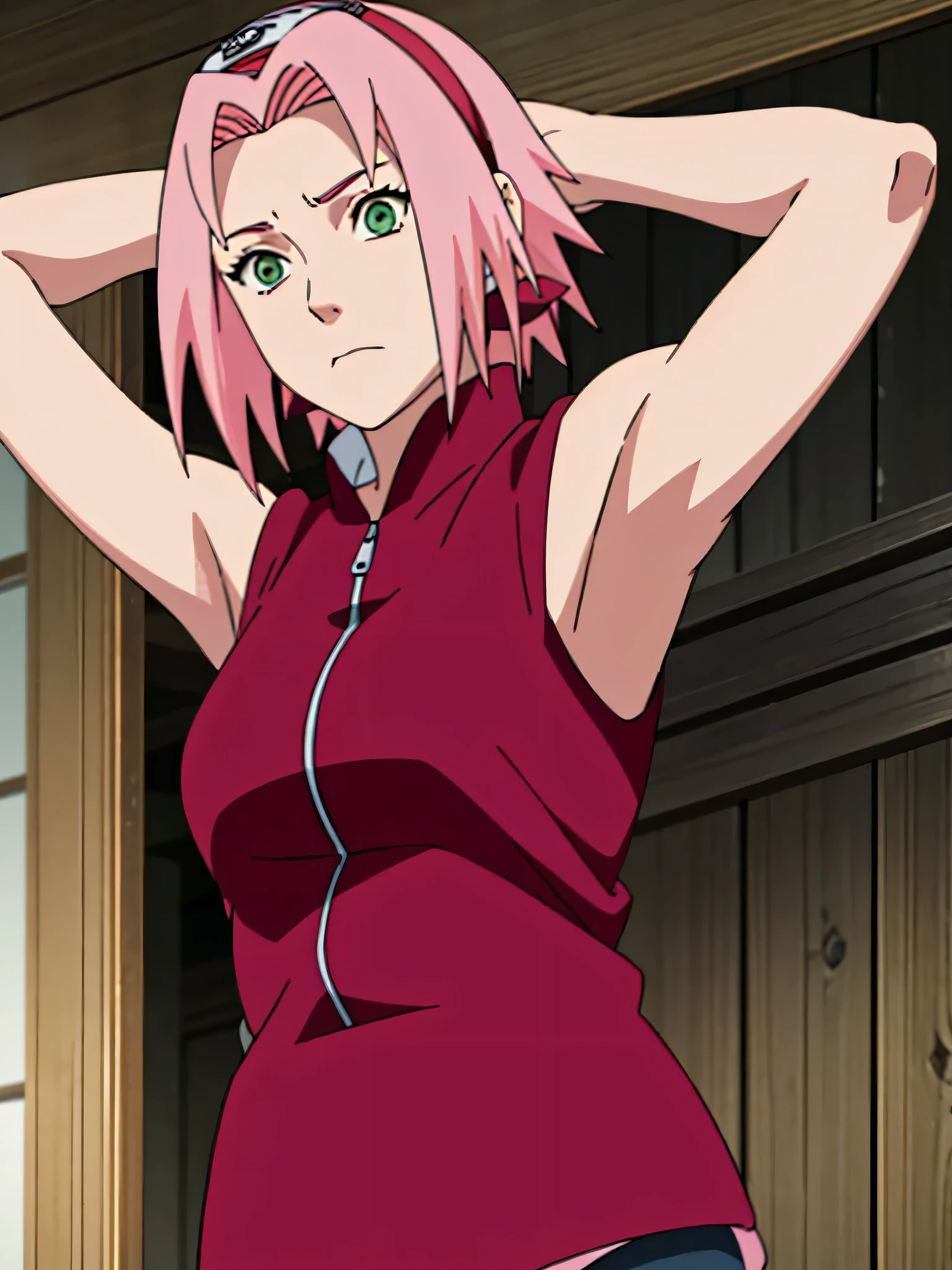 sakura haruno, sleeveless, red jacket, forehead protector, konohagakure symbol, arms behind head, arms up, armpits, showing armpits, posing, green eyes, perfect proportions, sakura shippuden, masterpiece, best quality, short hair, pink hair, black gloves, solo, elbow covers, detailed armpits