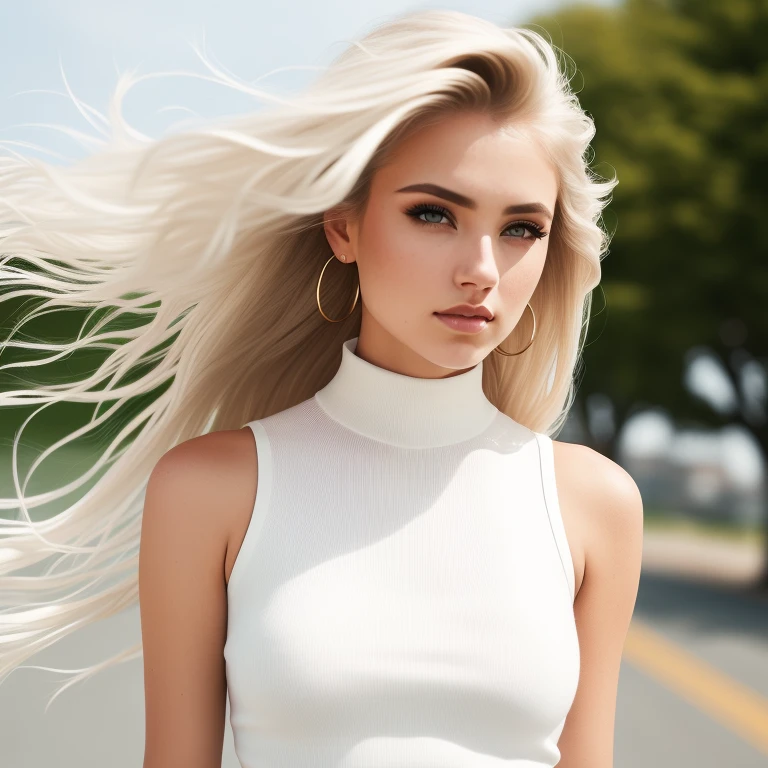 Model shooting style female photo, hair down to her shoulders, hair blowing in the wind, nose piercing, Wearing a white high neck sleeveless knit, Looking at the camera with a serious expression, f/2.4, 7.9 mm, 1/850, ISO 50 certified