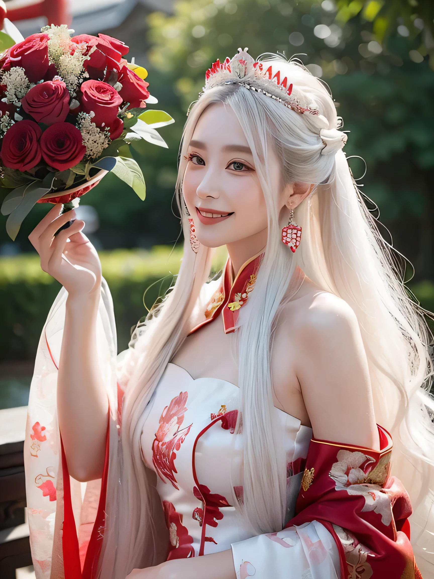 a beautiful girl,long white hair,((Wear a beautiful red Chinese wedding dress)),fine embroidery,(He wears an exquisite crown in his hair),A pair of sparkling earrings hanging from her ears,He wears a beautiful necklace around his neck,sweet smile,His face flushed,Smile,Flowers in hand