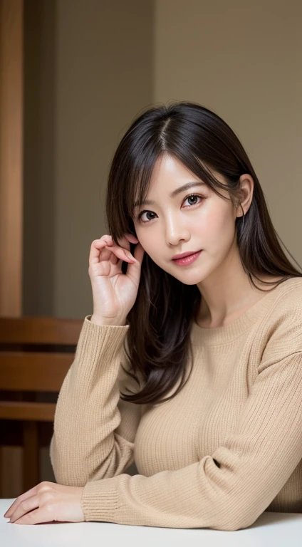 table top、highest quality、Photoreal、finely、High resolution、8K wallpaper、perfect dynamic pose、beautiful slender eyes、medium long hair、big and full breasts、random sexy poses、random situation、(tight beige knitwear)、Breast bulge 1.5)、gentle smile、50 years old、(droopy eyes 1.3)、Mature adult beauties、Japanese、