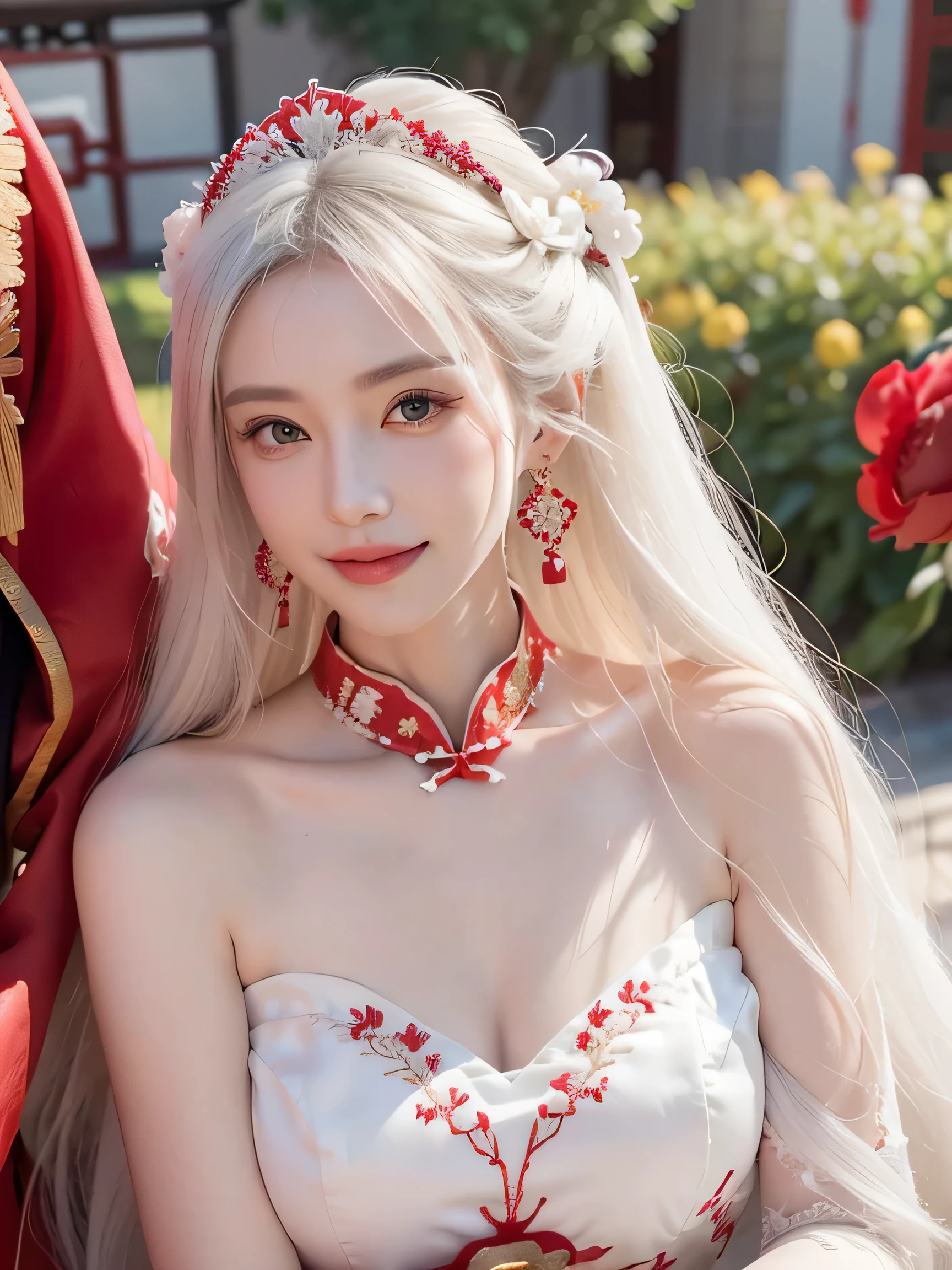 a beautiful girl,long white hair,((Wear a beautiful red Chinese wedding dress)),fine embroidery,(He wears an exquisite crown in his hair),A pair of sparkling earrings hanging from her ears,He wears a beautiful necklace around his neck,sweet smile,His face flushed,Smile,Flowers in hand