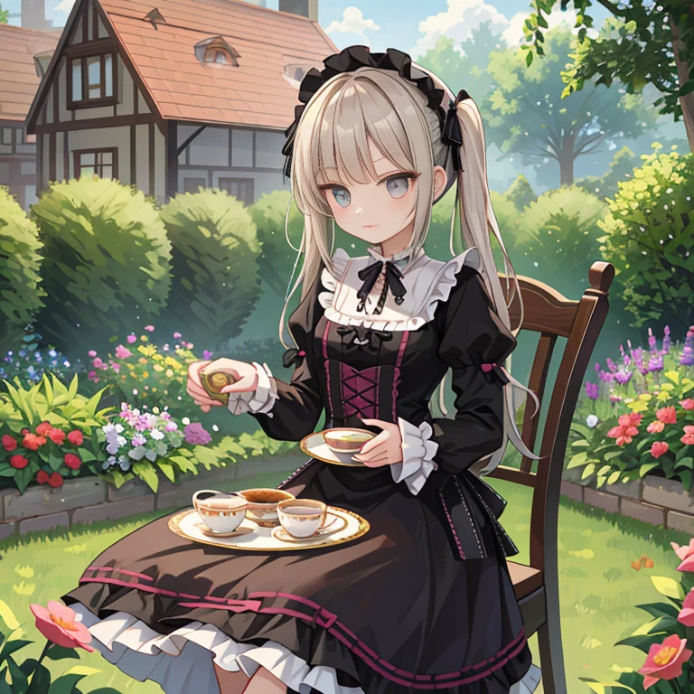 Western-style garden,one girl,Gothic ta clothes,rolling hair,tea time,Drinking black tea,Garden chair,Garden table,tea set,sweets,