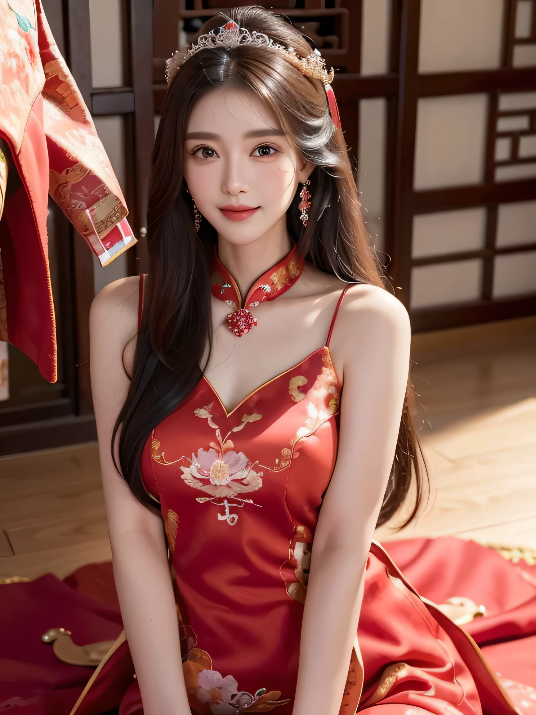 a beautiful girl,long hair,((Wear a beautiful red Chinese wedding dress)),fine embroidery,(He wears an exquisite crown in his hair),A pair of sparkling earrings hanging from her ears,He wears a beautiful necklace around his neck,sweet smile,His face flushed,Smile,Flowers in hand