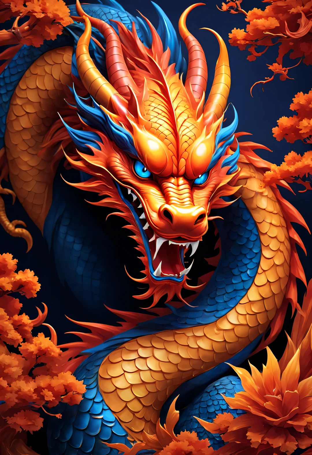 Chinese festival wallpaper, Featuring the image of a Chinese dragon, Adopt Chinese illustration style, Immersive environments, royal blue and red, Orange-red, conceptual installation, calm and symmetrical, Filmed with Prova and Shirunshat, vector style,
Claws are strong and strong, has a unique shape. The outline of the claws and the detailed shading and light effects on the claw tips also perfectly represent the texture of the dragon&#39;s claws.,
Eyes are the finishing touch of the entire pattern, Their expressions are expressed through changes in intensity and thickness. they are sharp，Gives people a sense of majesty and mystery,
Muscle lines and dynamics are vividly displayed, Use different colors to express the layering and three-dimensionality of dragon scales, Make the dragon body more vivid and lifelike