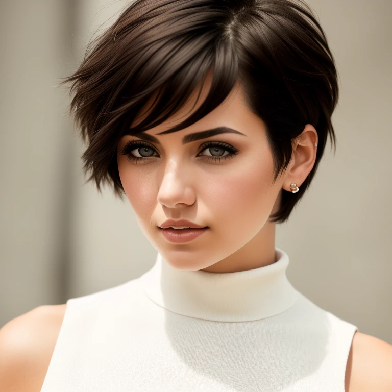 Model shooting style female photo, short cut hair, hair blowing in the wind, nose piercing, Wearing a white high neck sleeveless knit, Looking at the camera with a serious expression, f/2.4, 7.9 mm, 1/850, ISO 50 certified