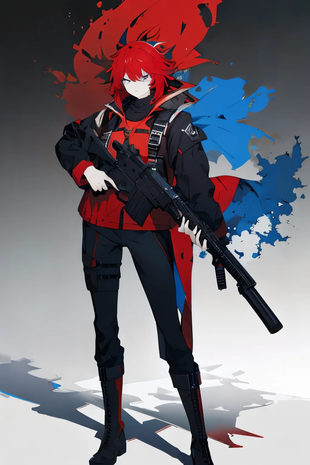 red and blue hair　have a gun　wearing black clothes　masterpiece　high resolution