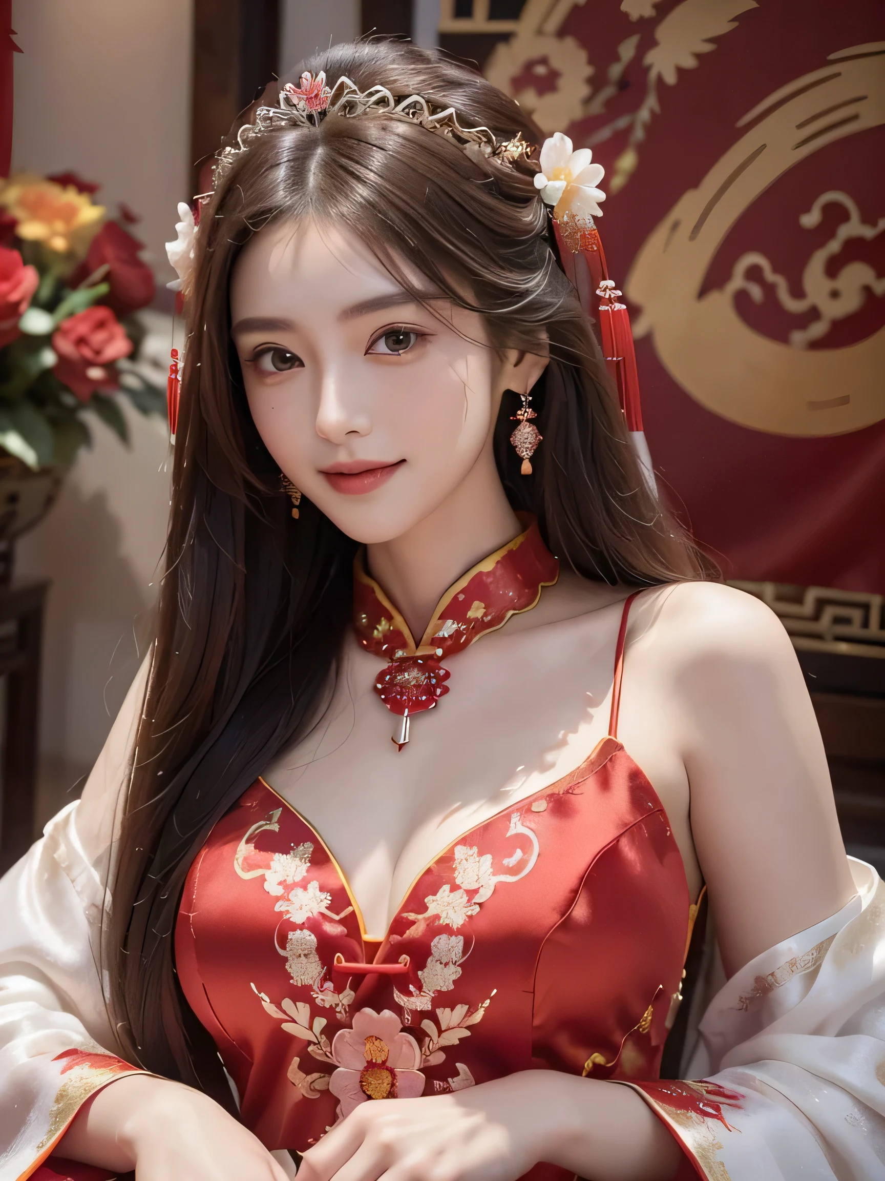 a beautiful girl，long hair，((Wear a beautiful red Chinese wedding dress))，fine embroidery，(He wears an exquisite crown in his hair)，A pair of sparkling earrings hanging from her ears，He wears a beautiful necklace around his neck，sweet smile，His face flushed，Smile，Flowers in hand